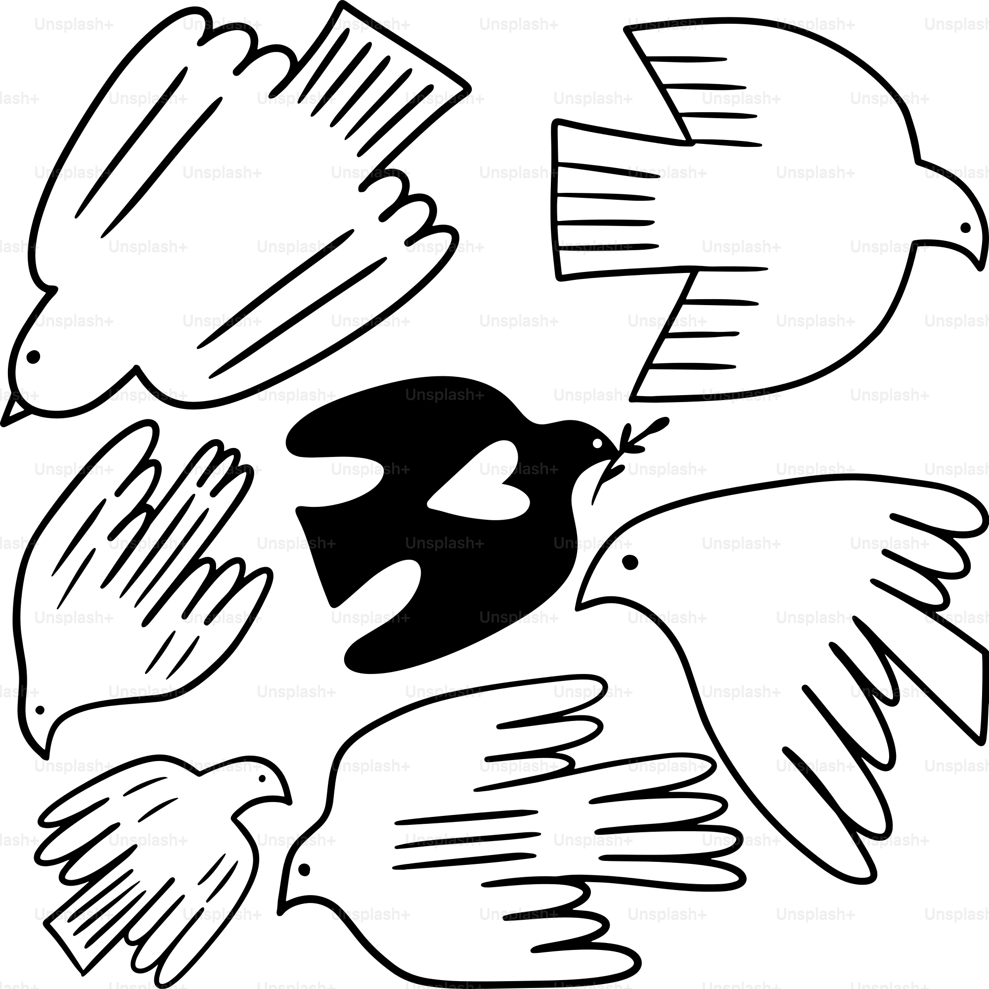 A black and white drawing of birds with hearts