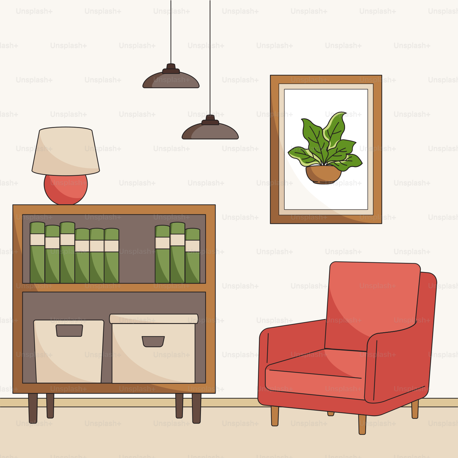 A living room with a red chair and a book shelf