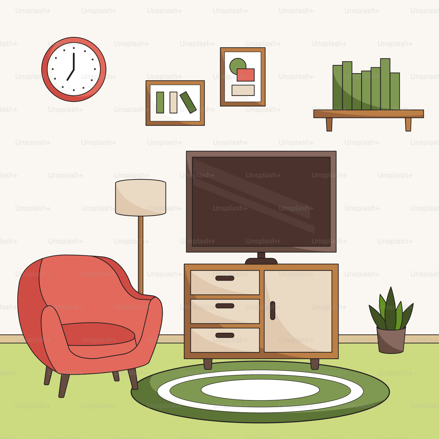 A living room with a red chair and a flat screen TV