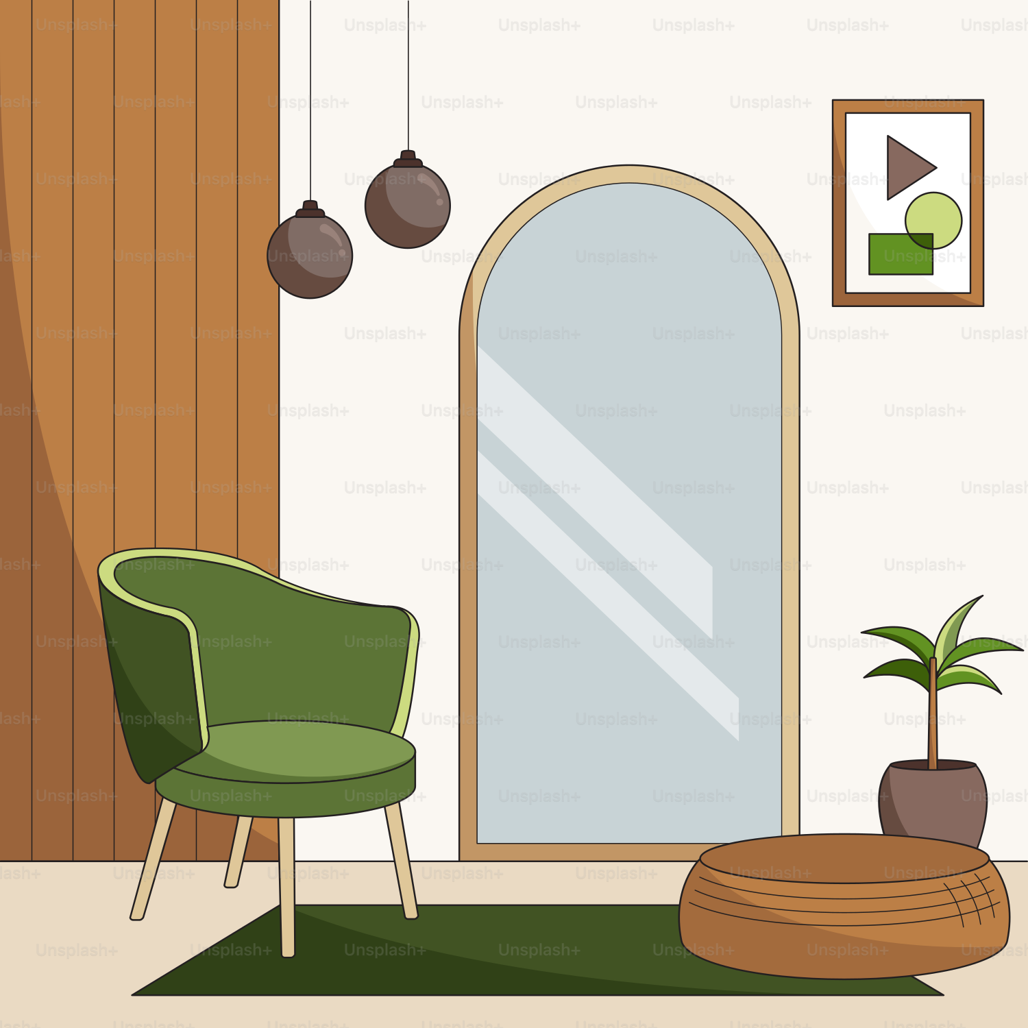 A living room with a green chair and a potted plant