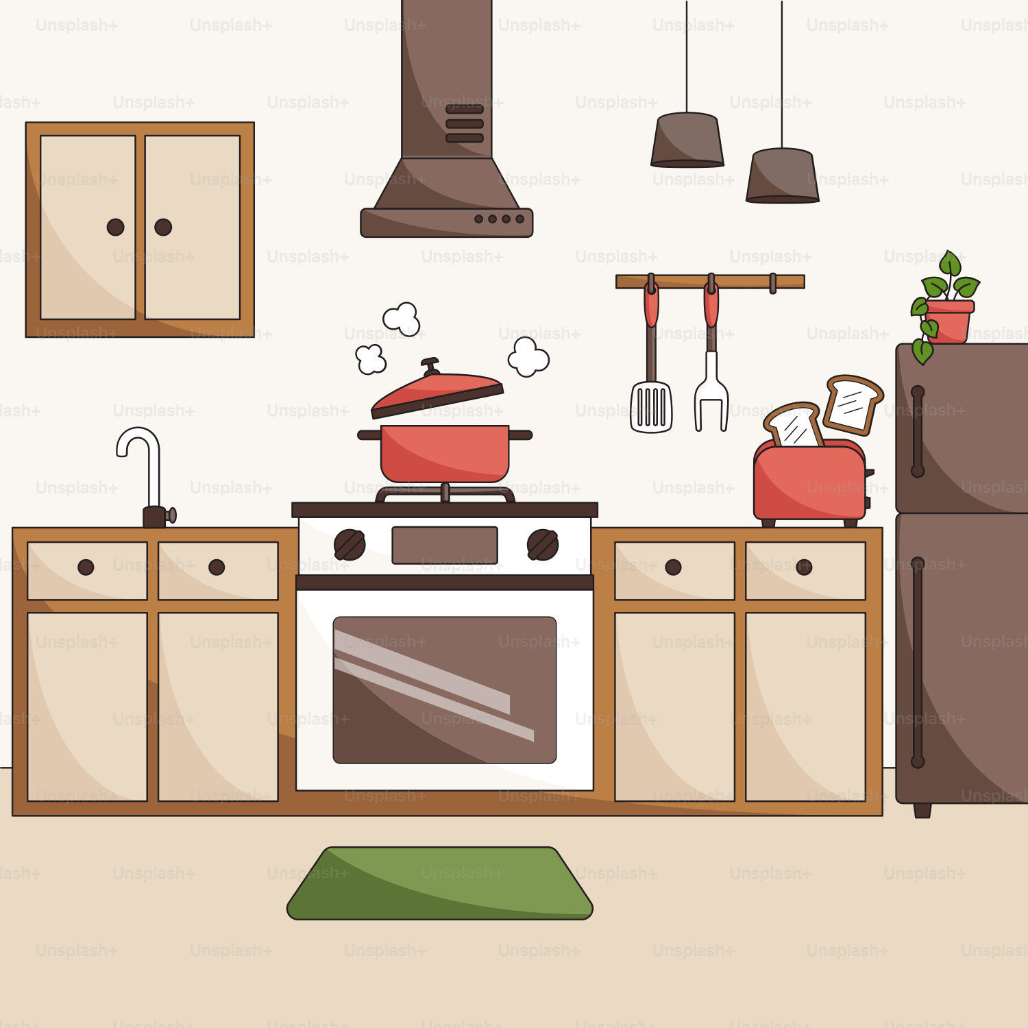 A picture of a kitchen with a stove and a refrigerator