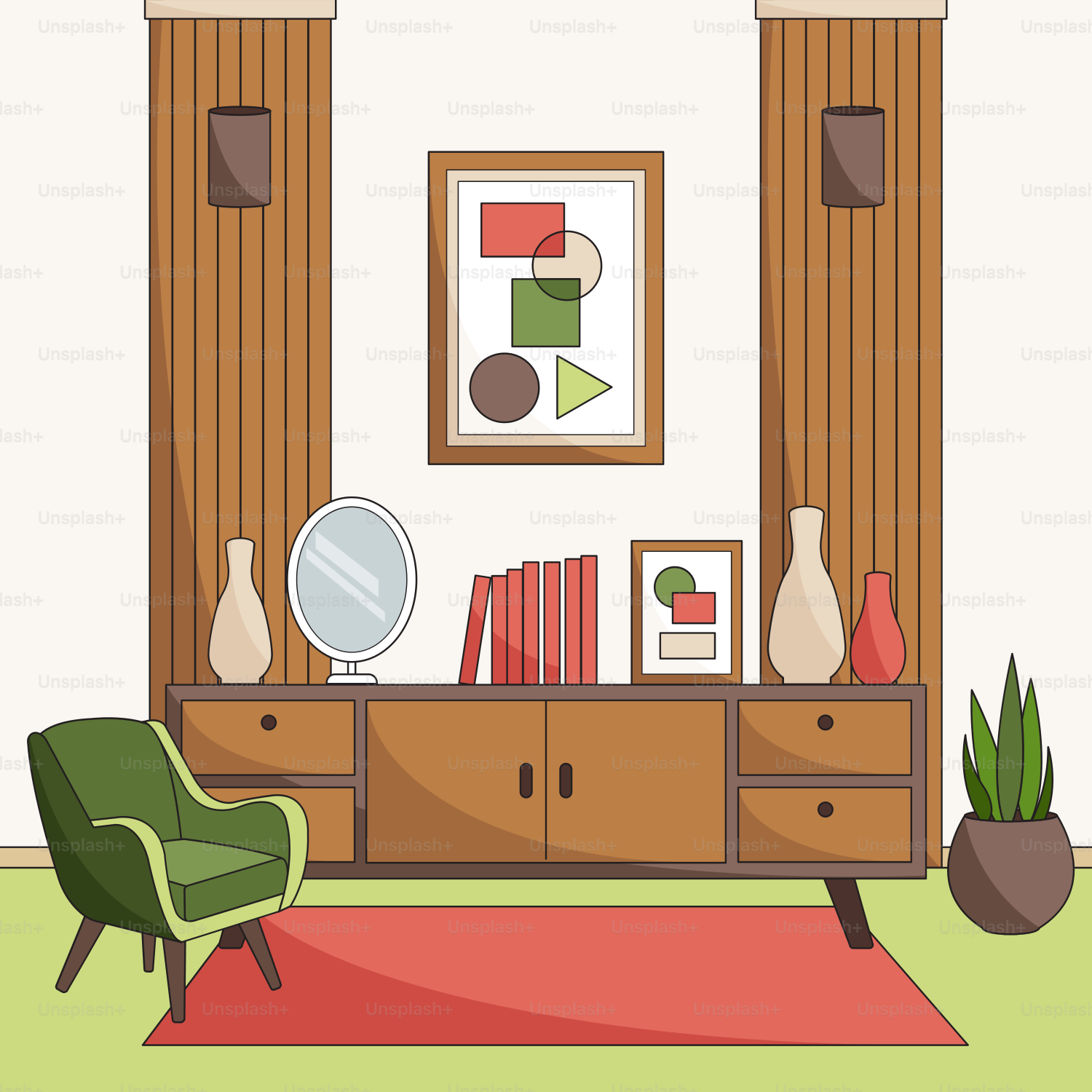 A living room with a green chair and a red rug