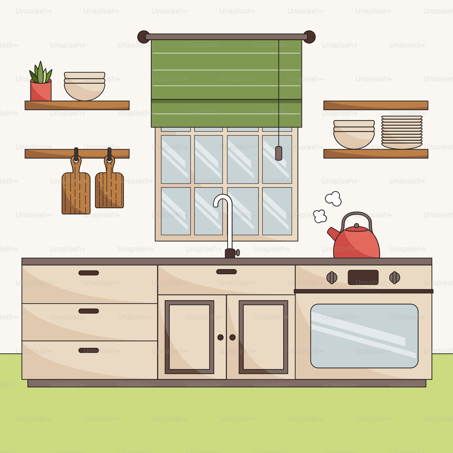 A kitchen with a stove top oven next to a window