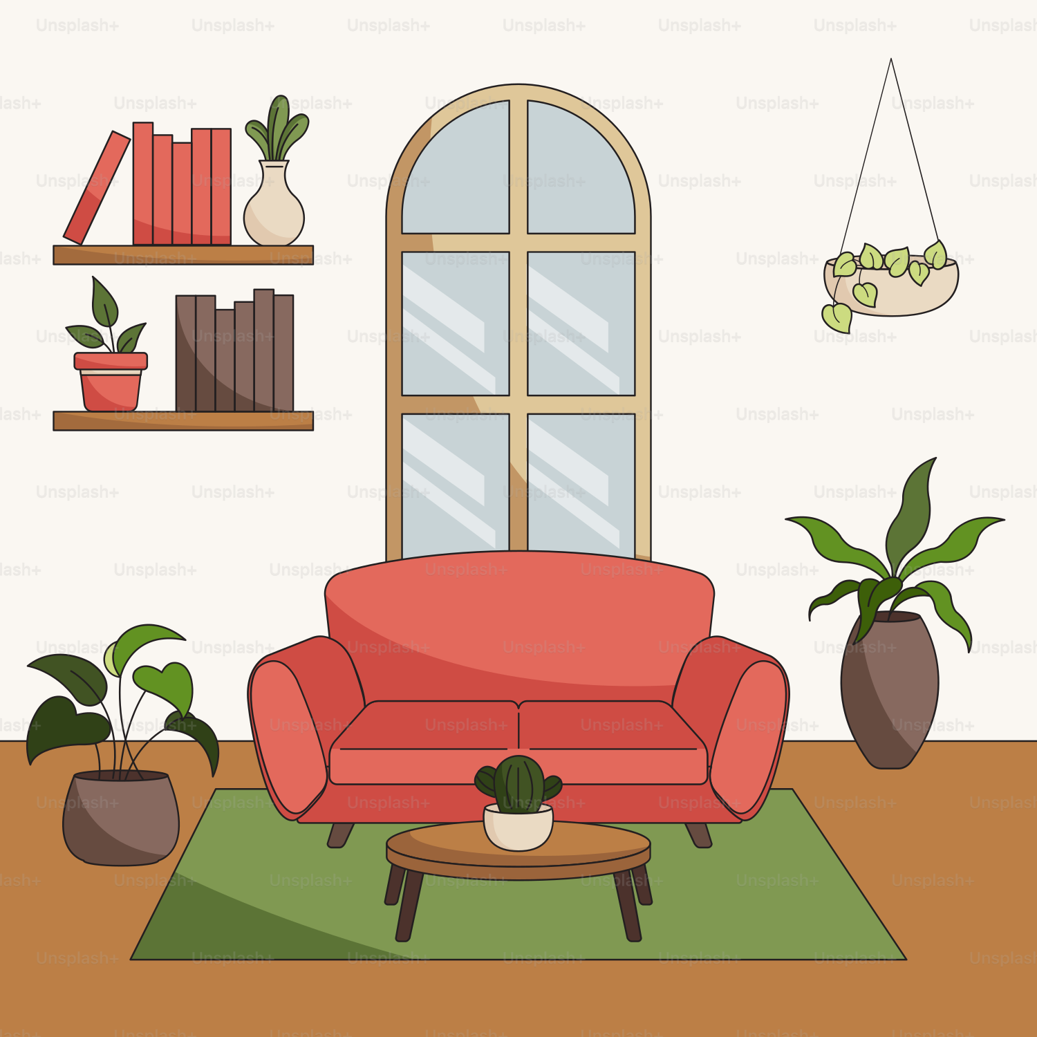 A living room with a red couch and potted plants