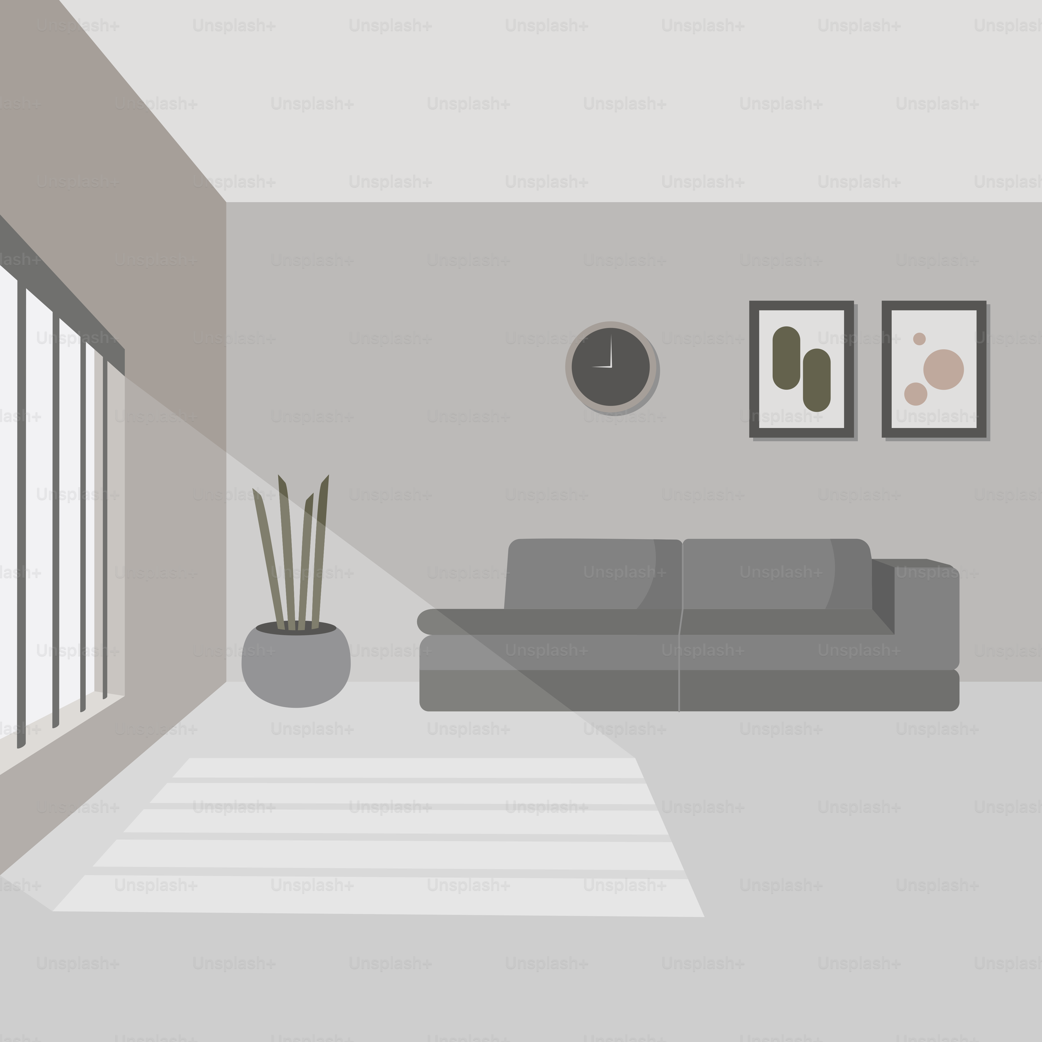 A living room with a couch a chair and pictures on the wall