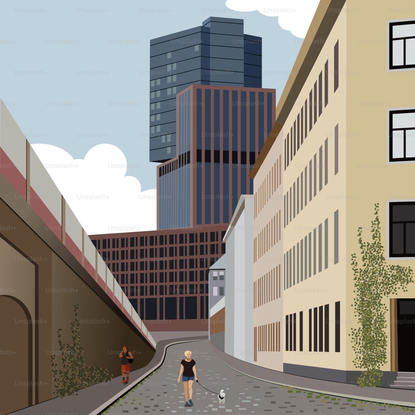 A woman walking down a street next to tall buildings
