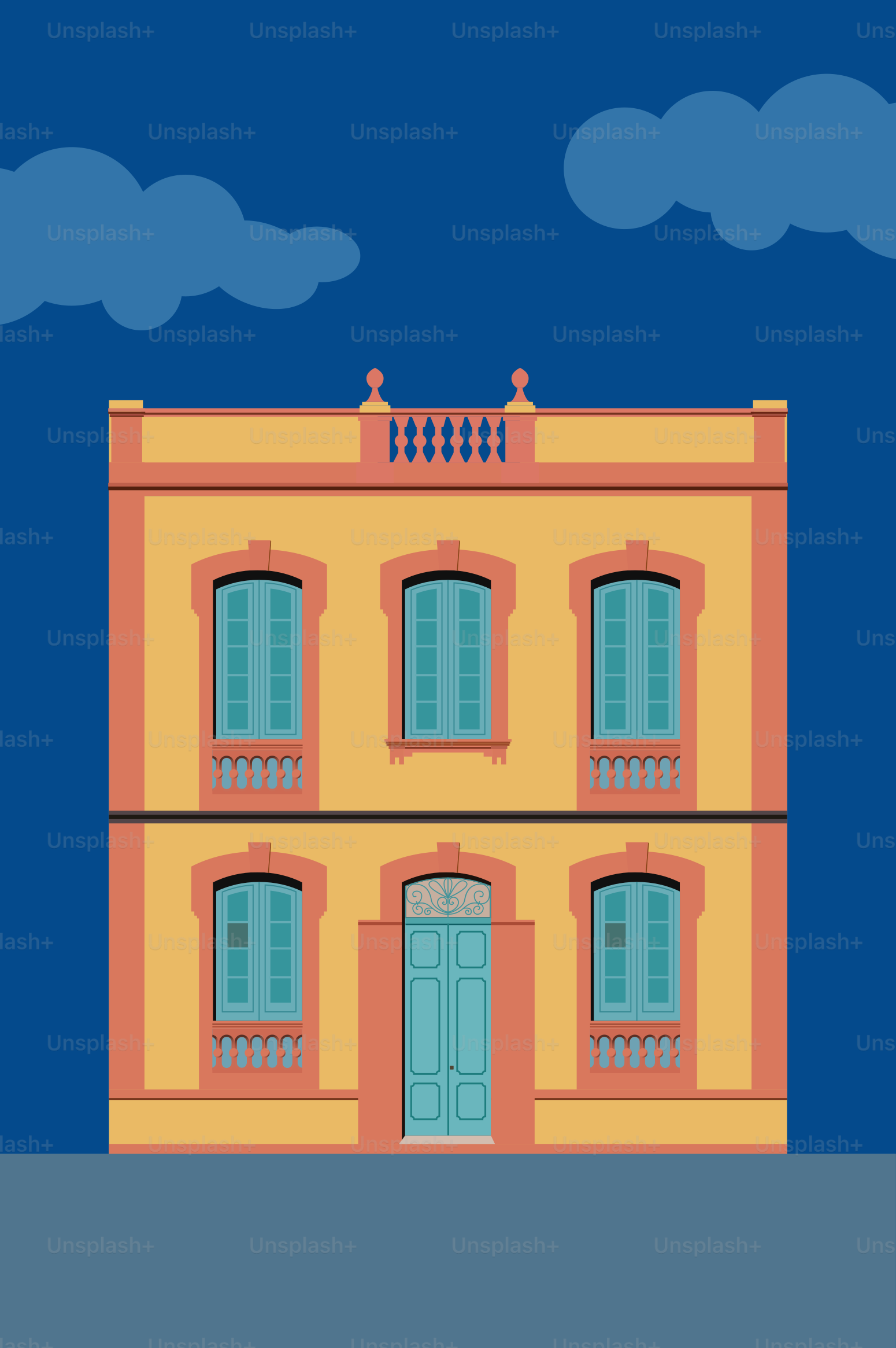 Um prédio amarelo com um céu azul ao fundo