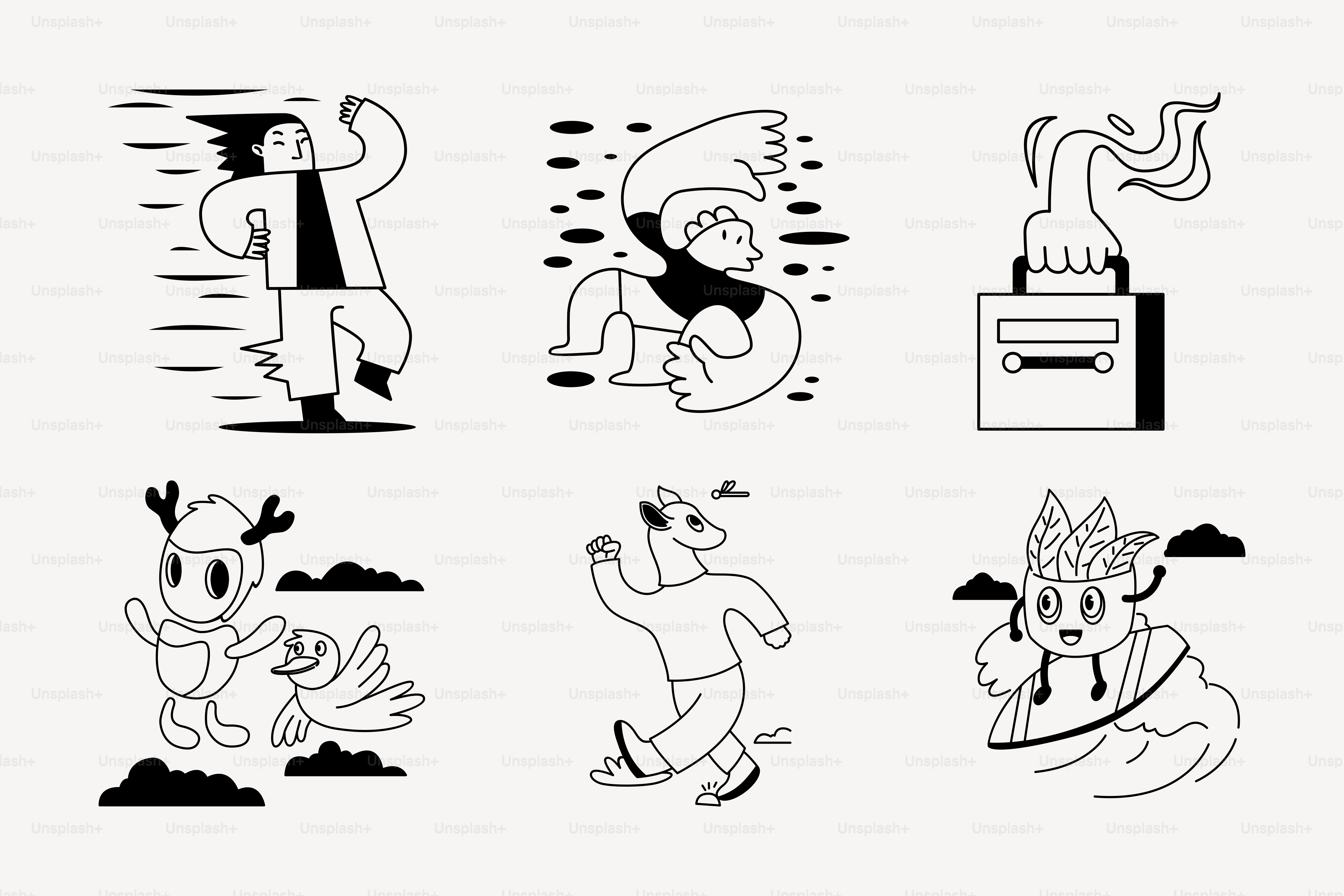 A drawing of a cartoon character doing different things