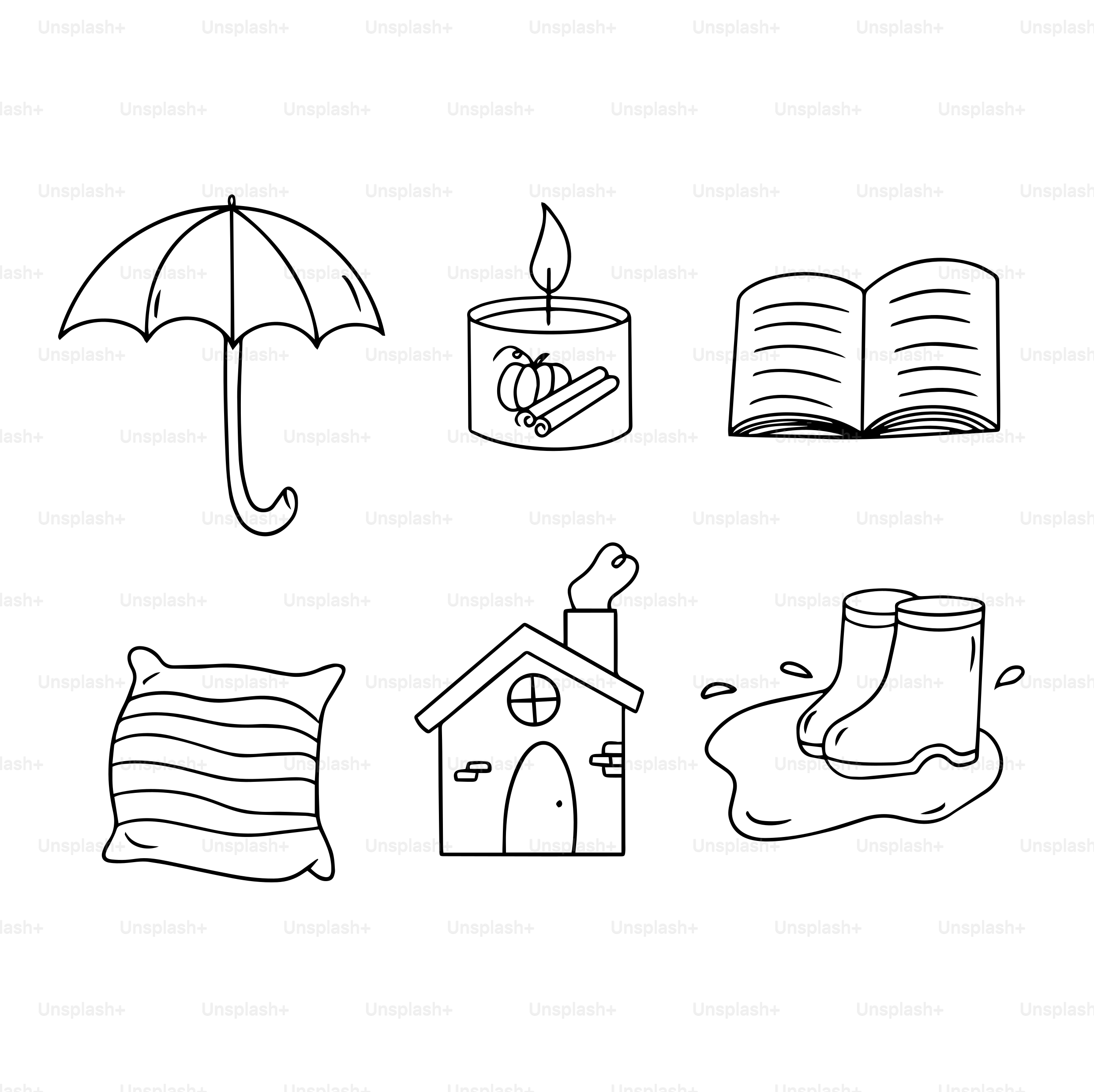 A drawing of a book, umbrella, boots, and a candle