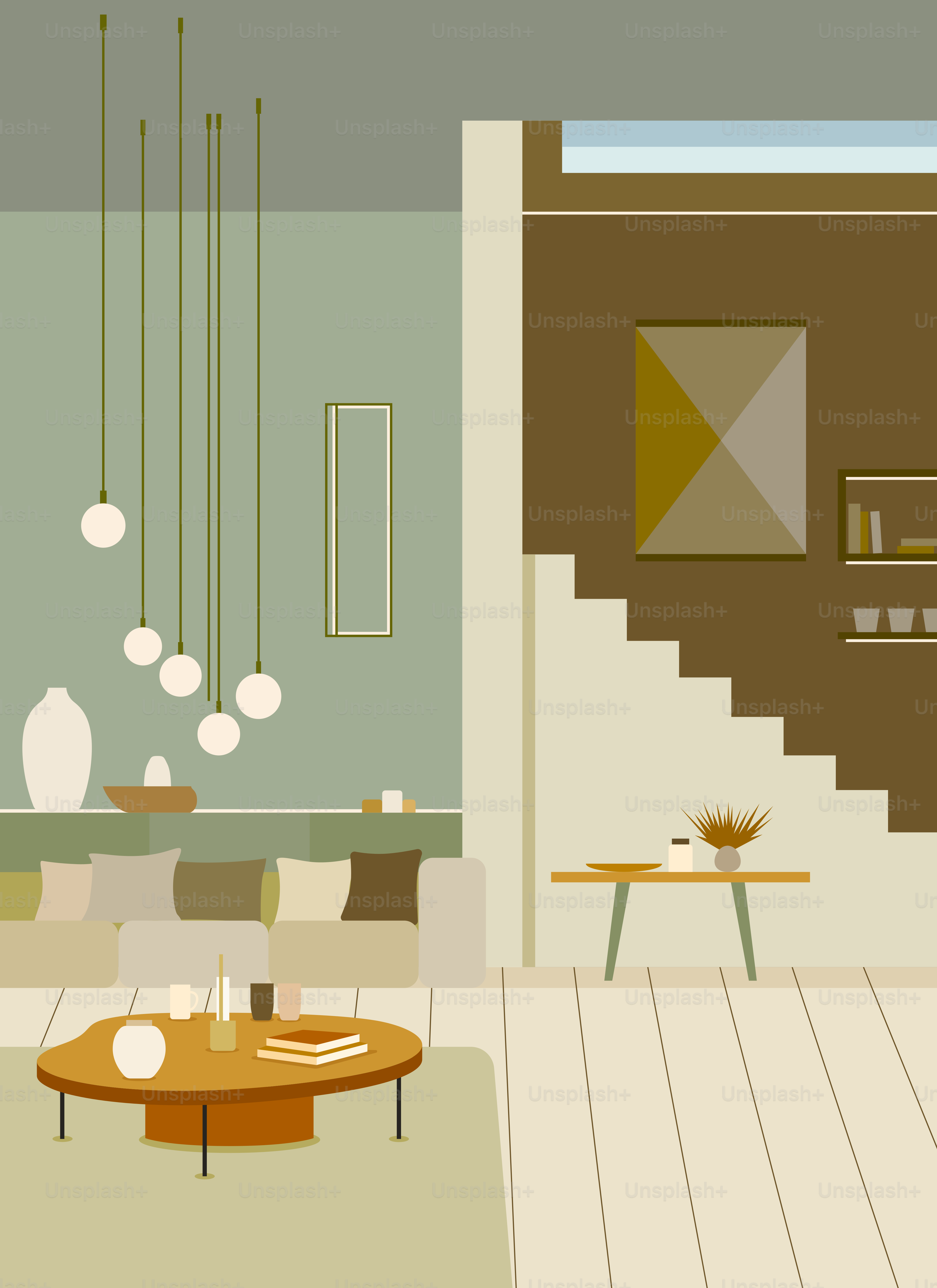 A living room filled with furniture and a staircase