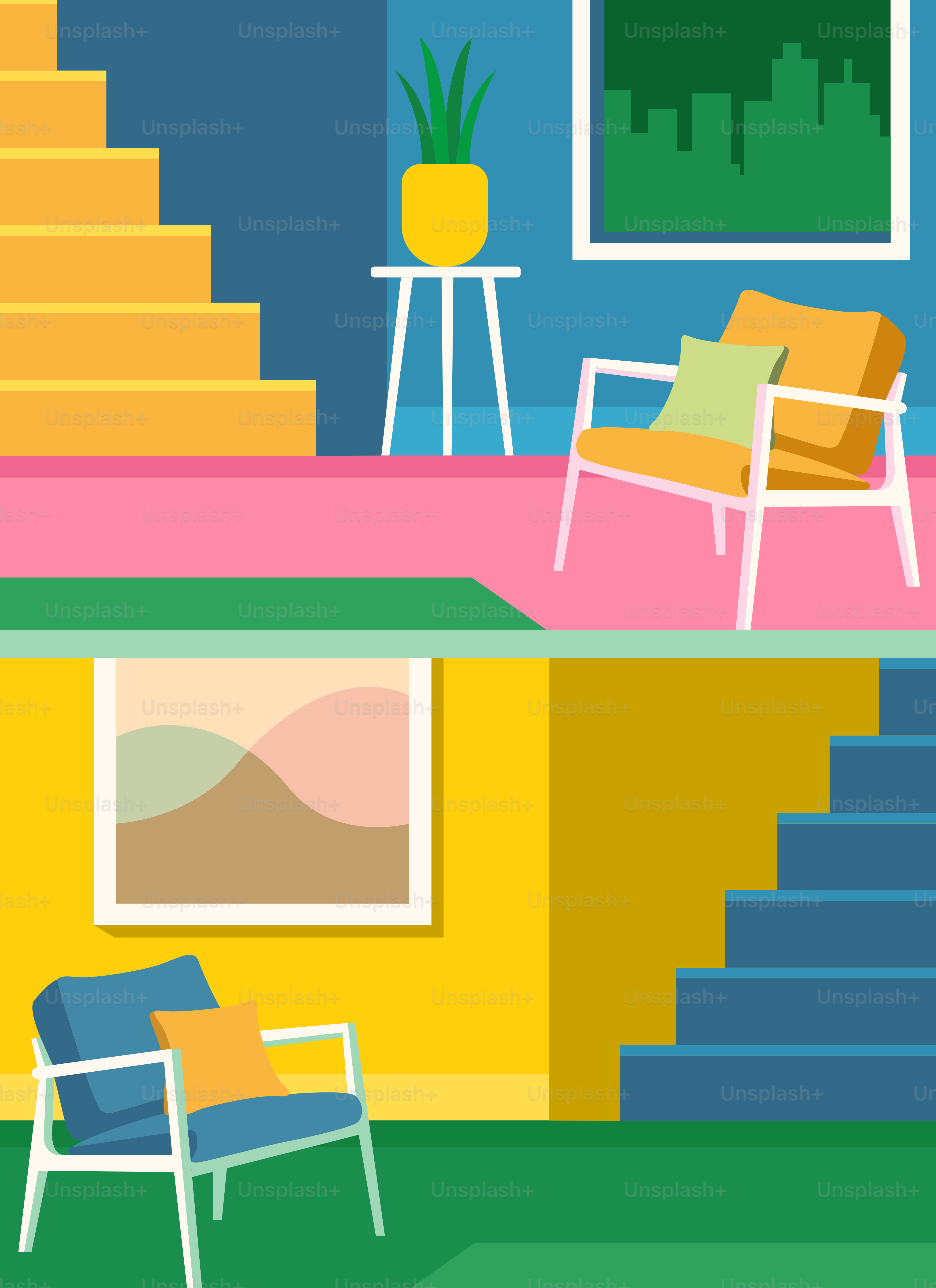 階段と椅子のあるリビングルーム