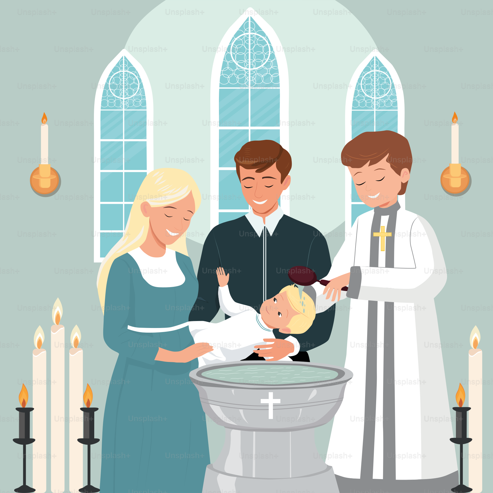 Un hombre y una mujer sosteniendo a un bebé delante de un sacerdote