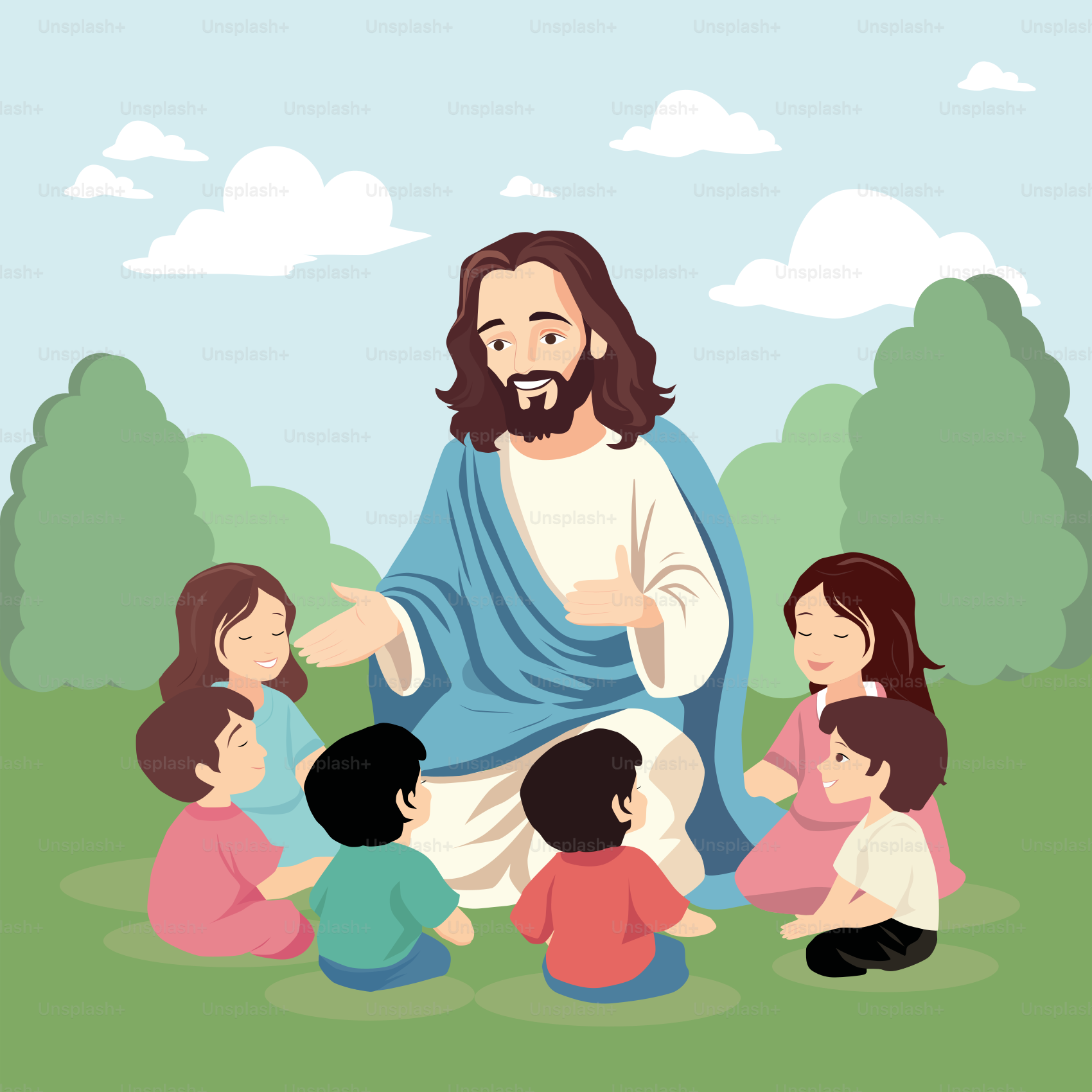Una caricatura de Jesús rodeado de niños