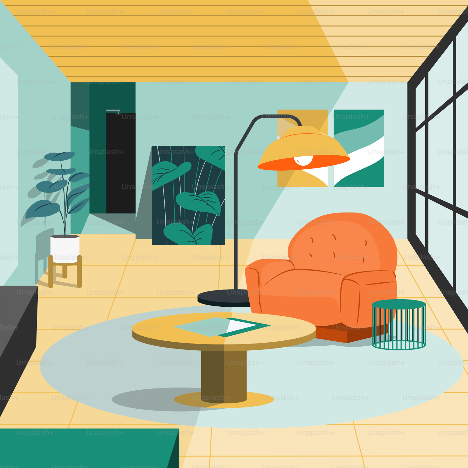 Ruang tamu yang dipenuhi dengan furnitur dan TV layar datar
