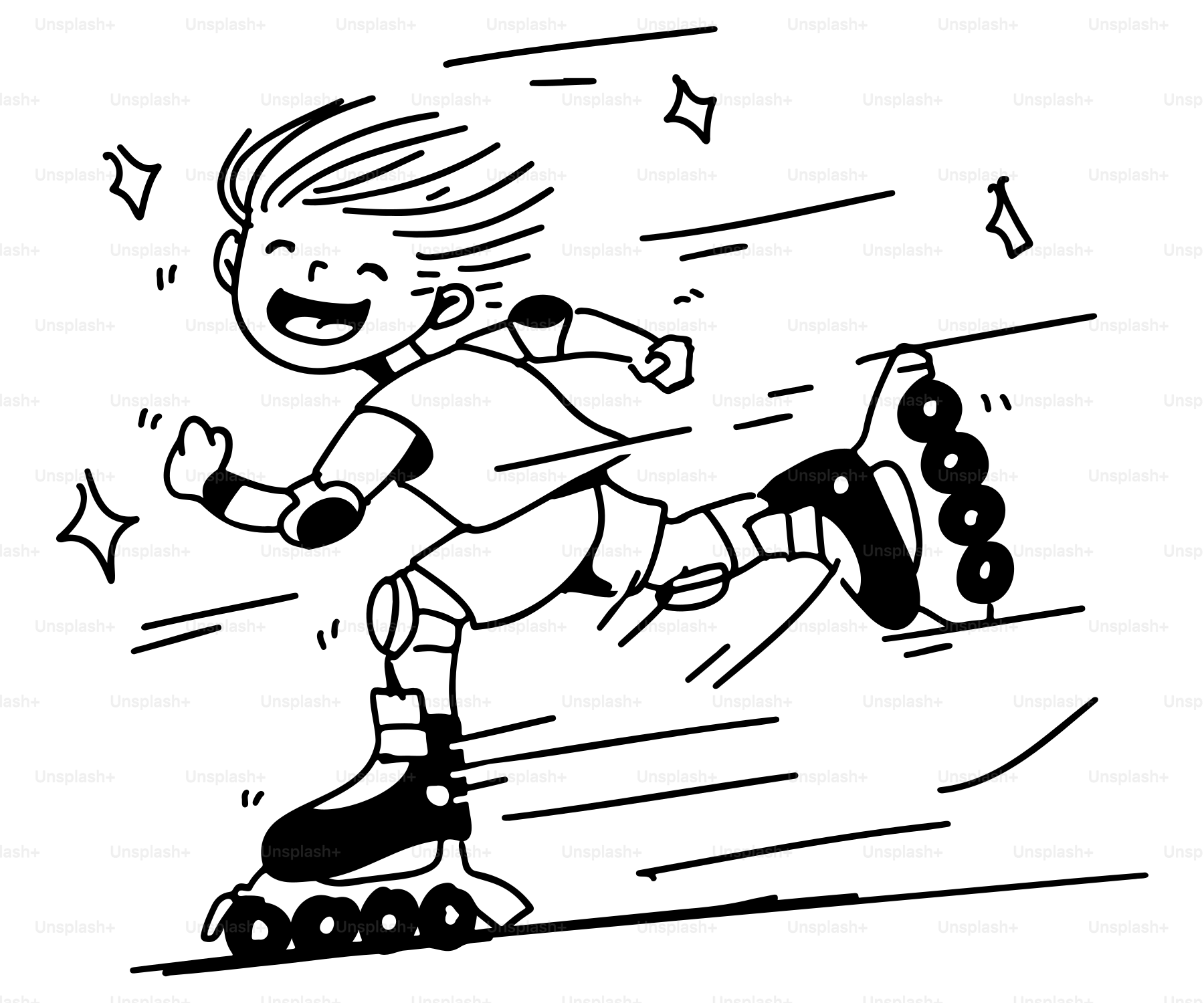 A black and white drawing of a boy on a skateboard