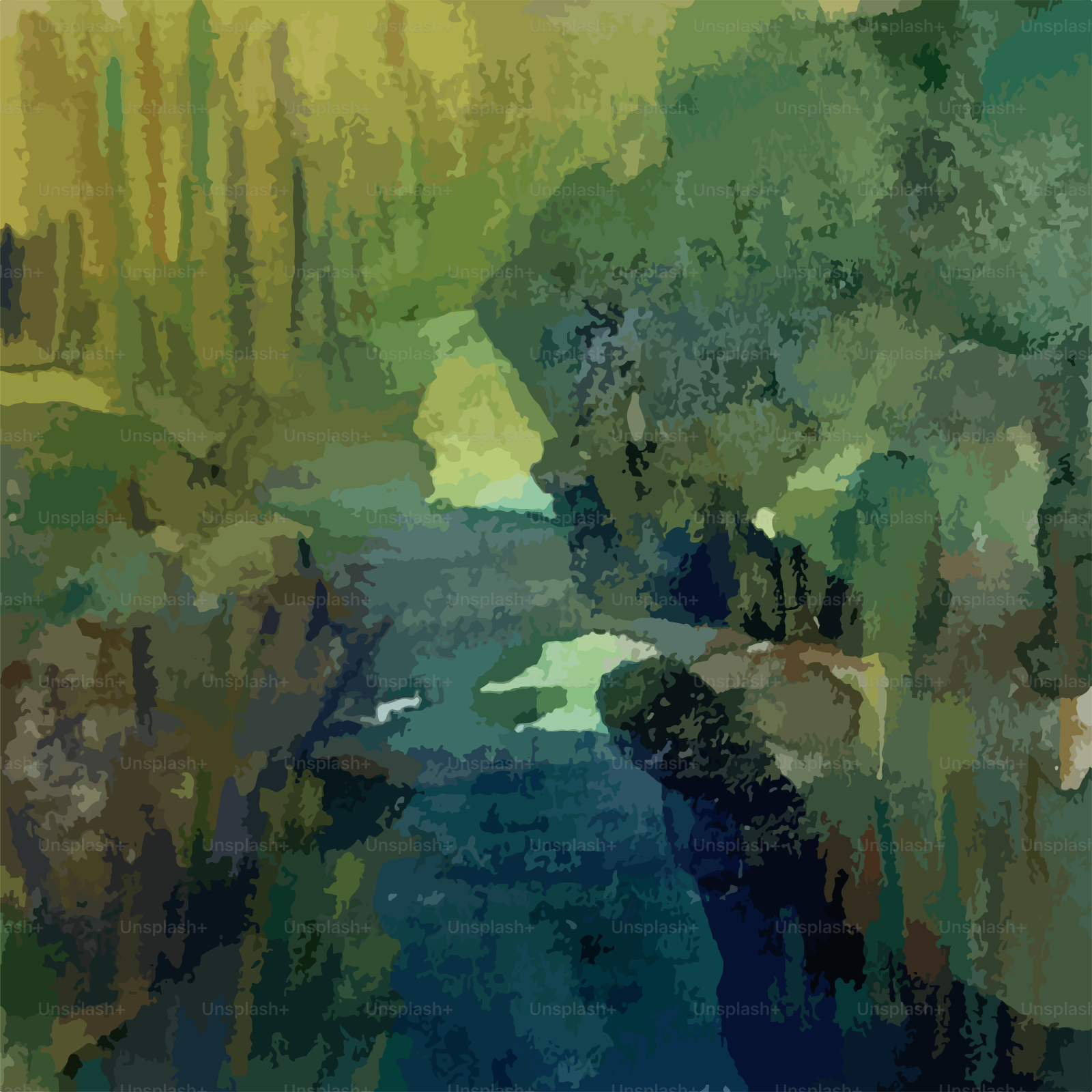 A painting of a river running through a forest