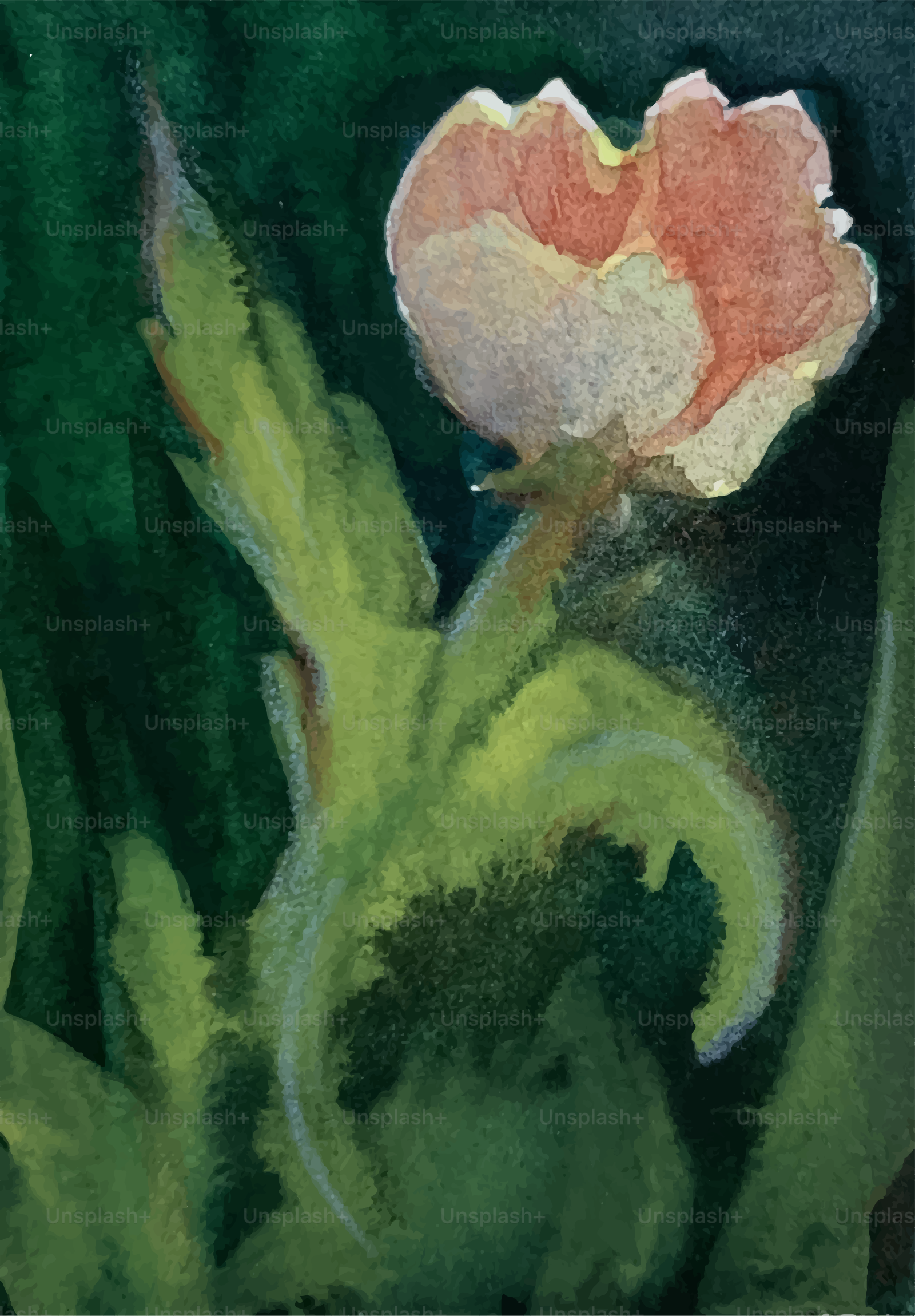 Une peinture d’une fleur rose aux feuilles vertes