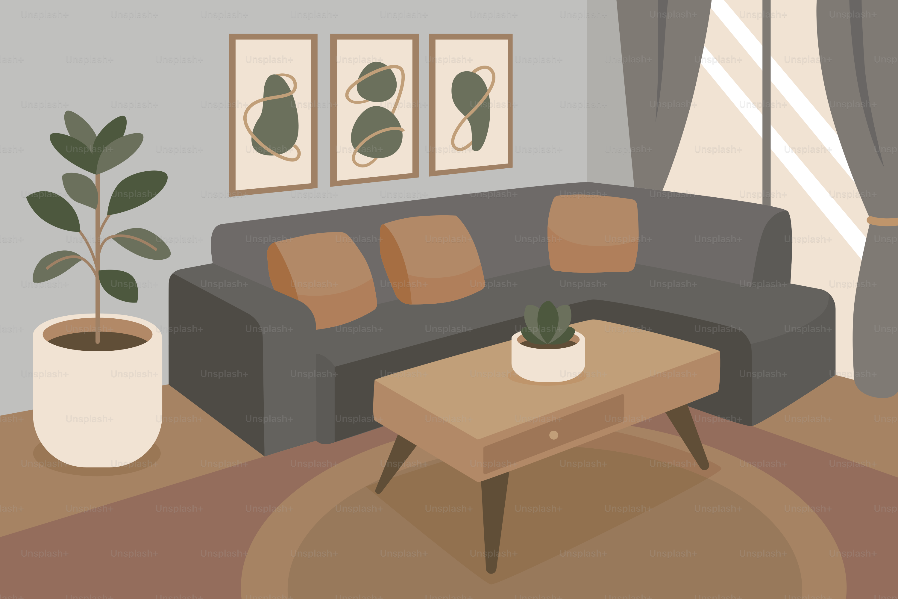 A living room with a couch and a coffee table