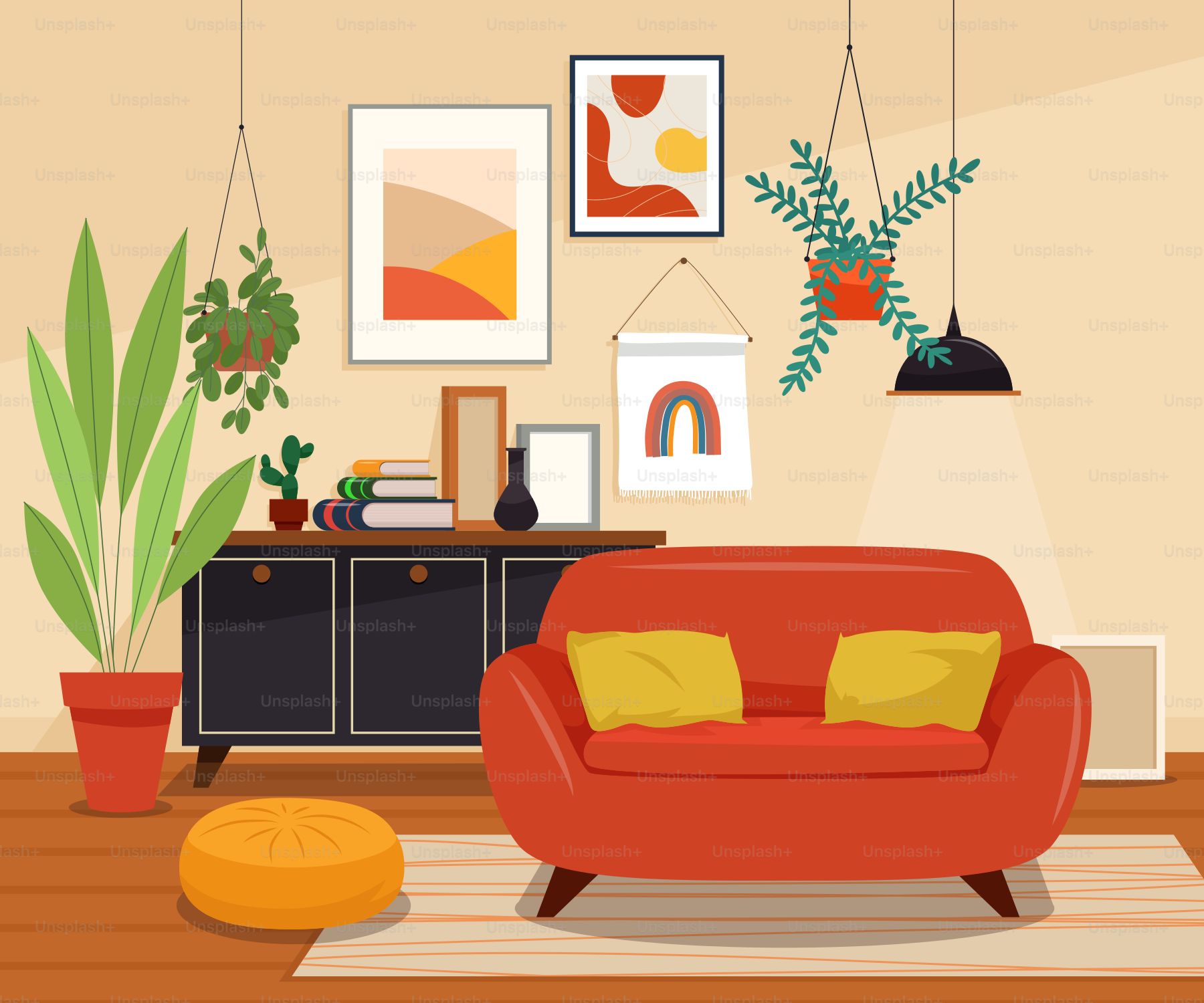 A living room with a red couch and potted plants