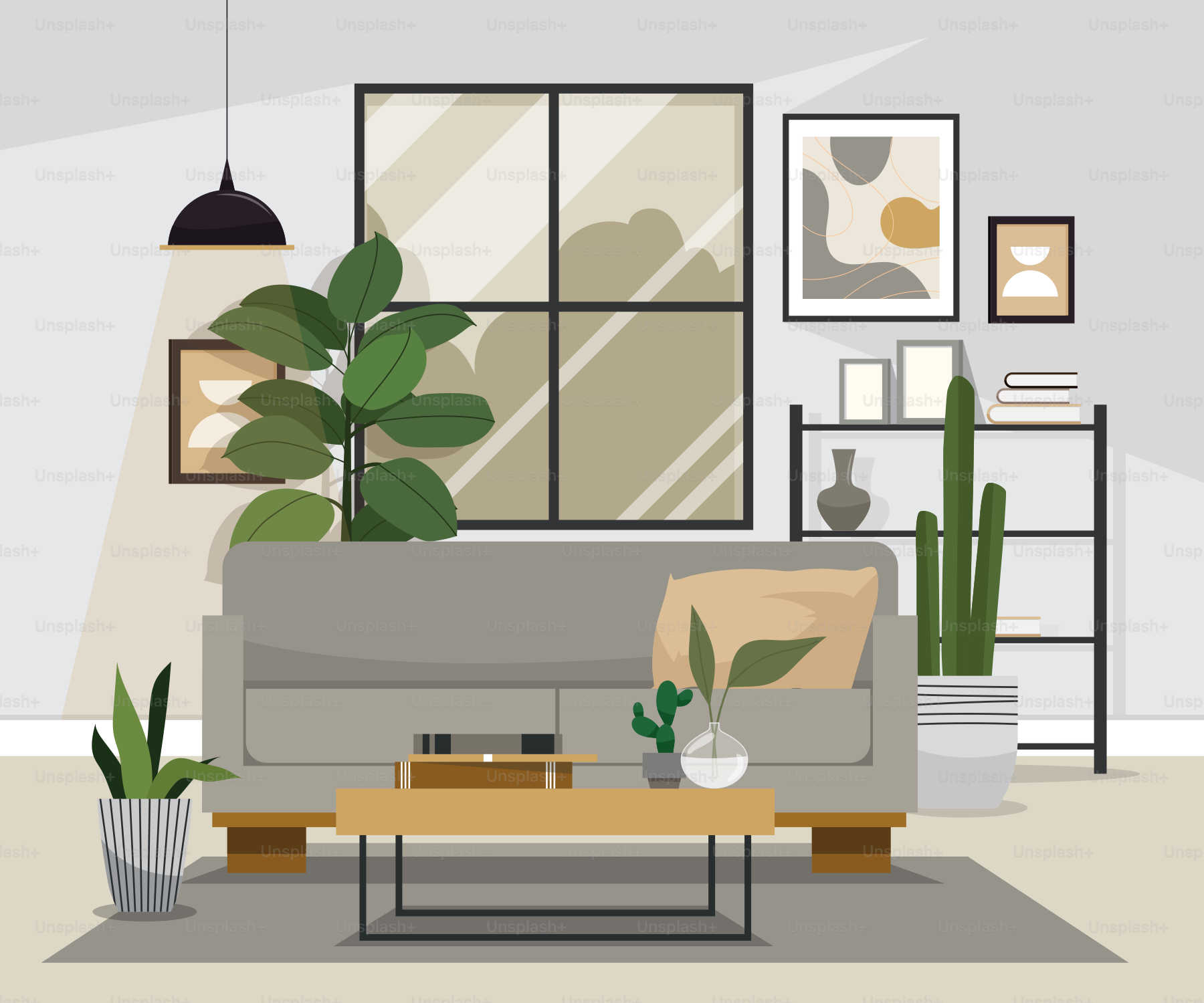 A living room with a couch and a table