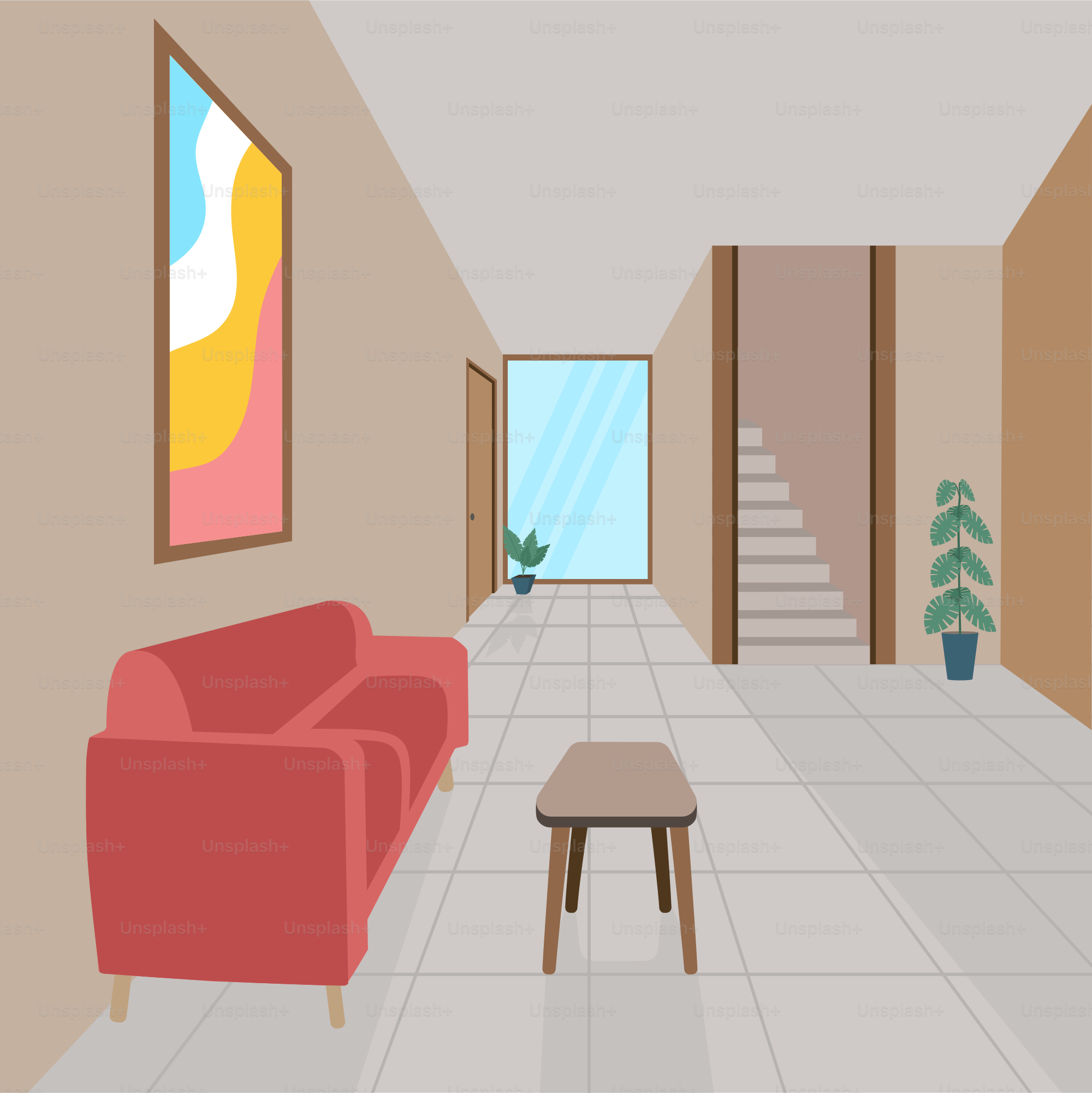 A living room with a red couch and a coffee table