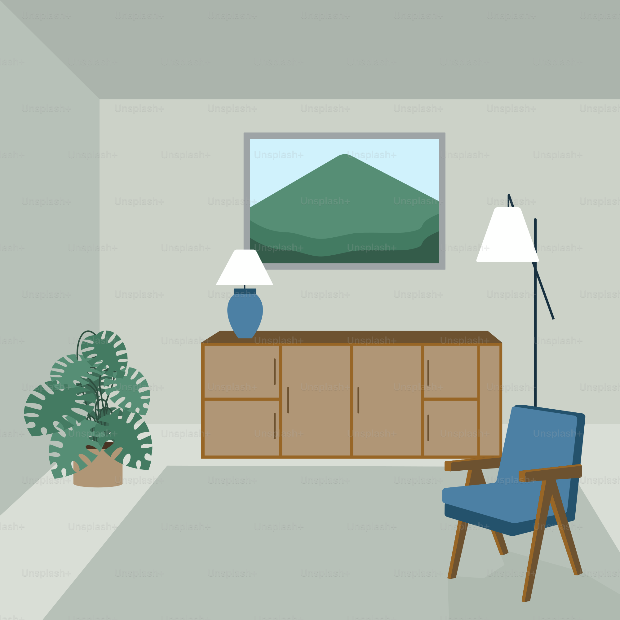 A living room with a blue chair and a table