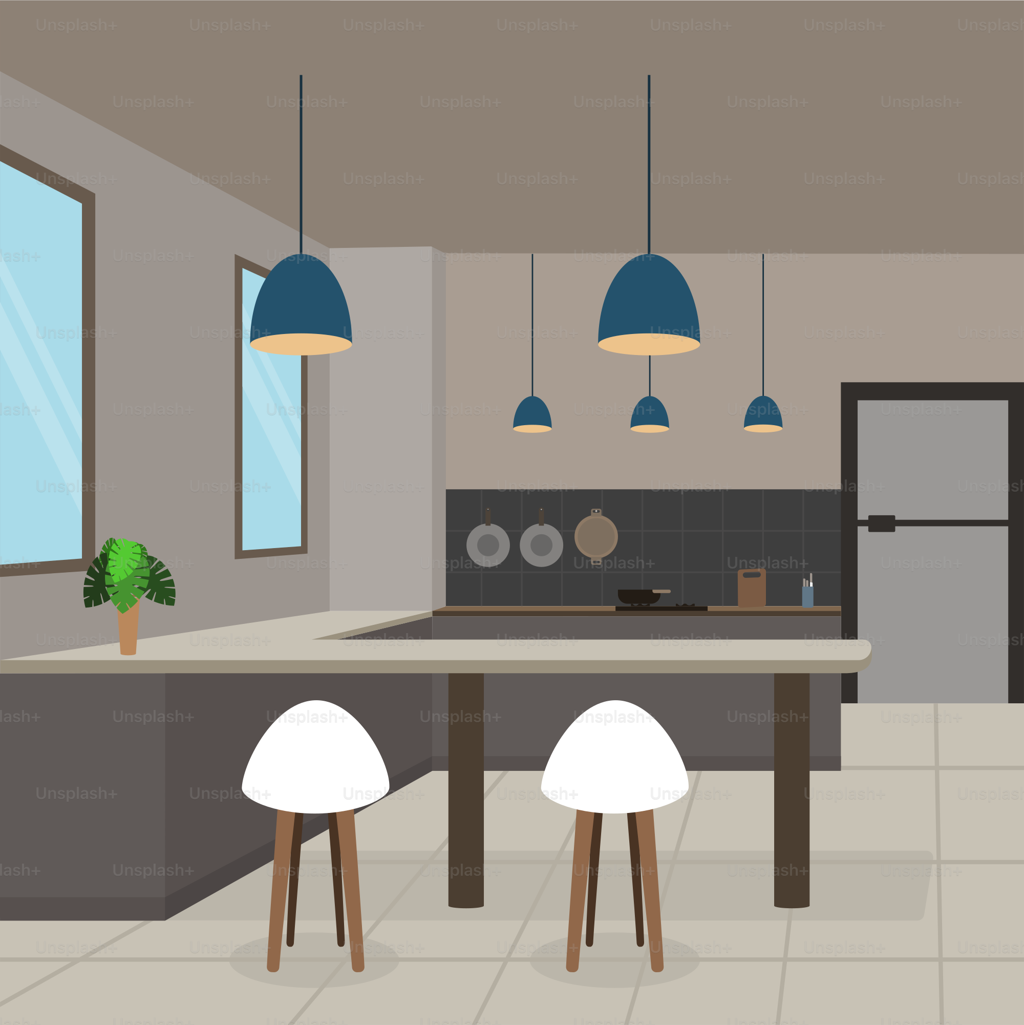 A kitchen with a table, chairs and a refrigerator