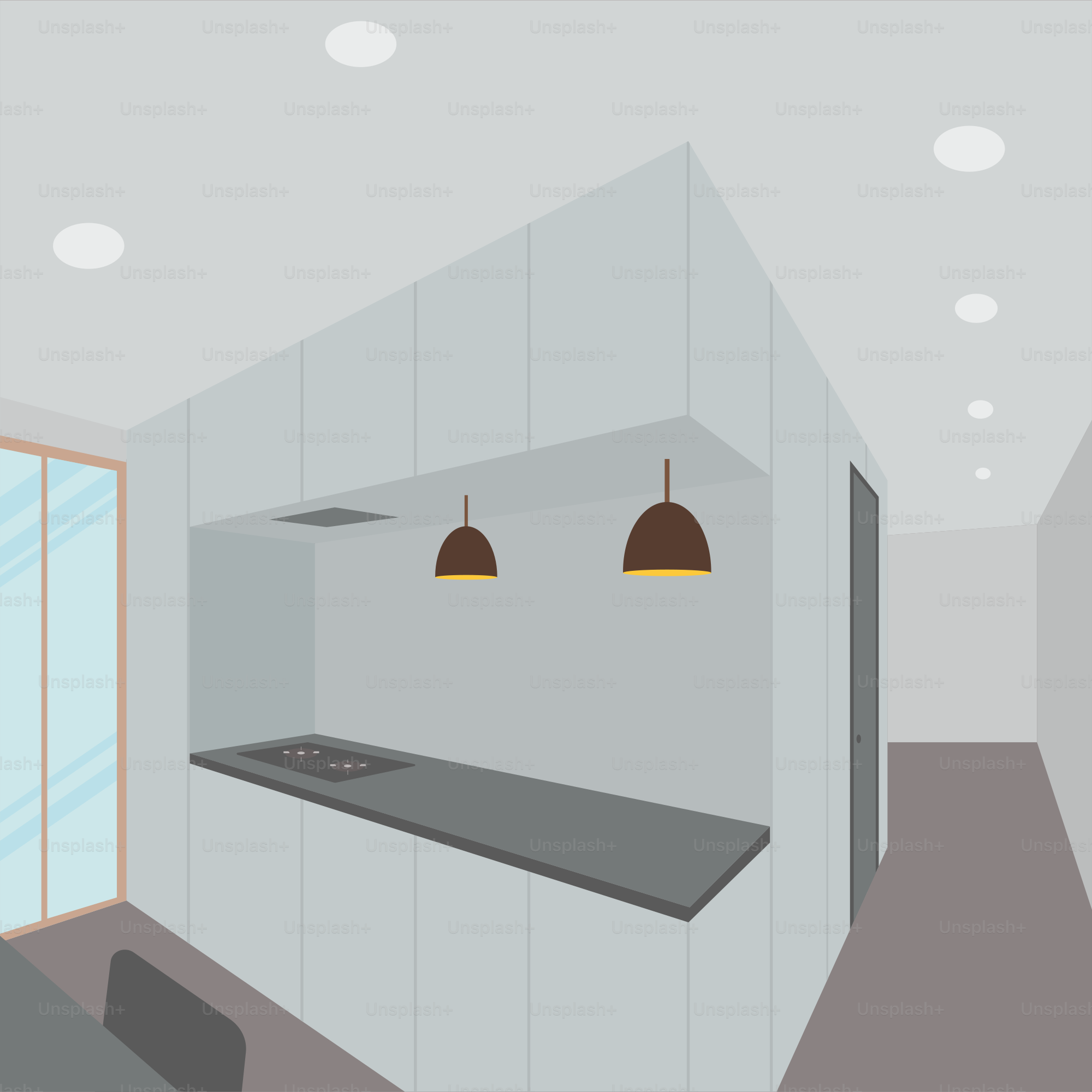 A drawing of a kitchen with a stove top oven