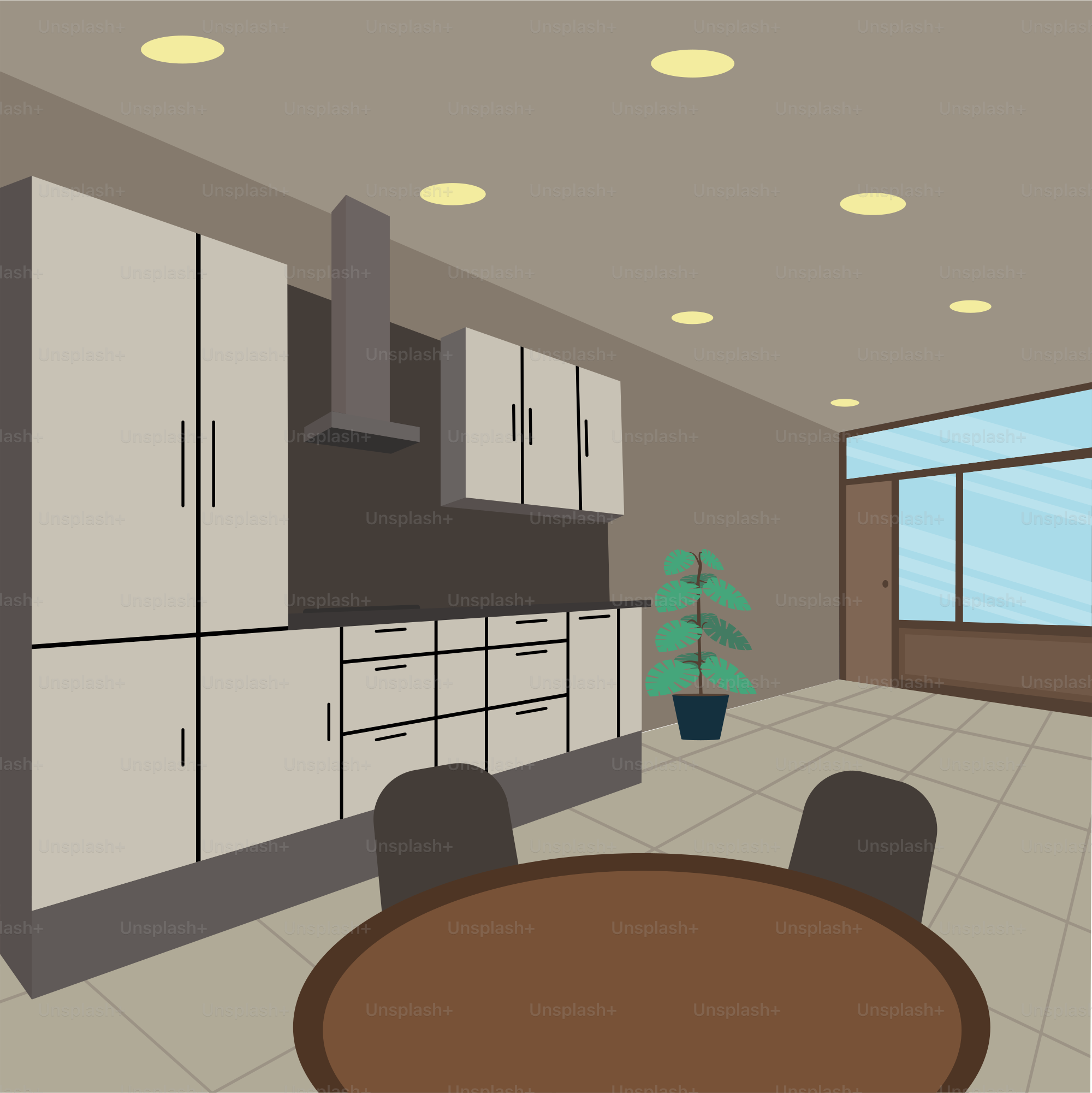 Eine Zeichnung einer Küche mit Tisch und Stühlen