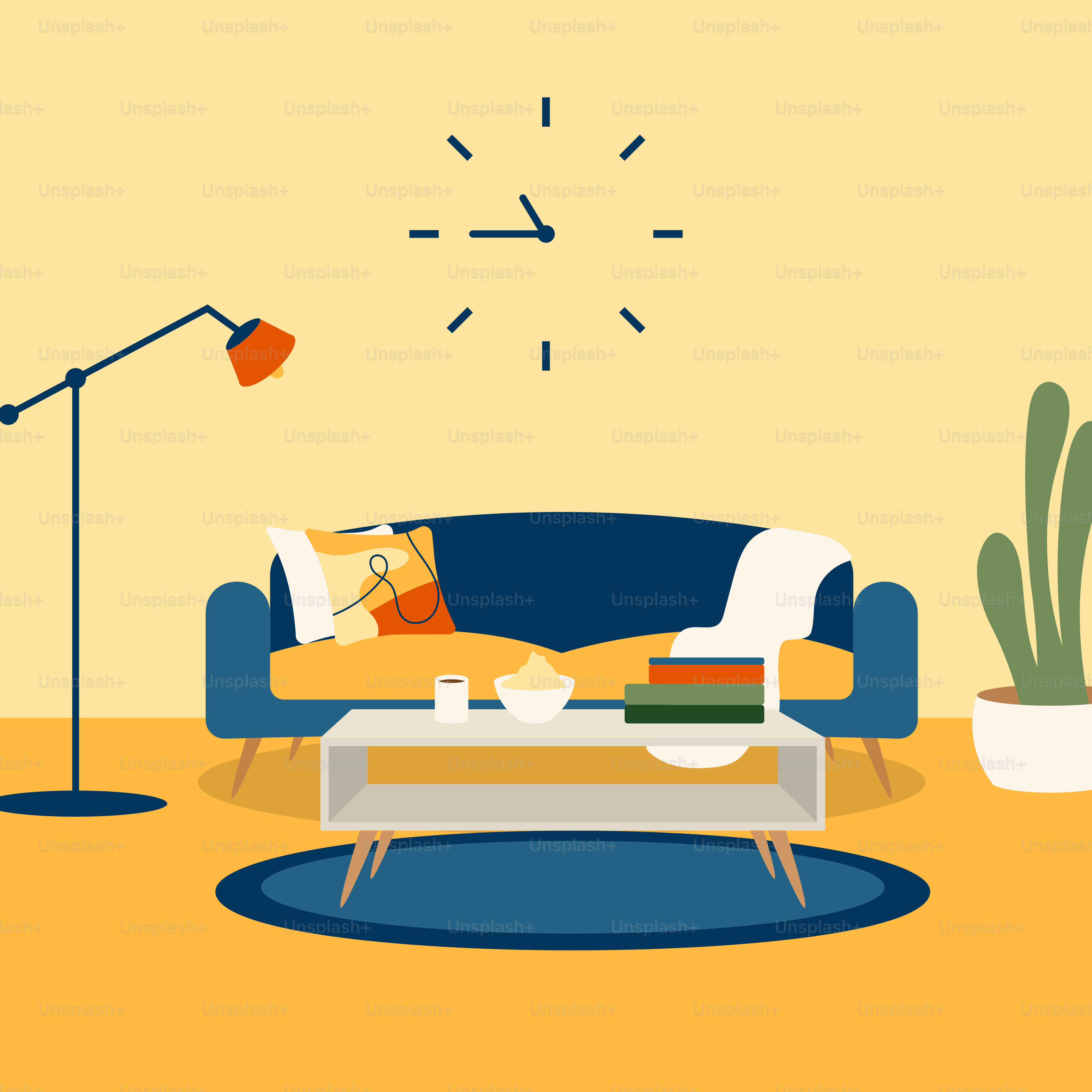 Un salón con un sofá, una mesa de centro y un reloj en la pared