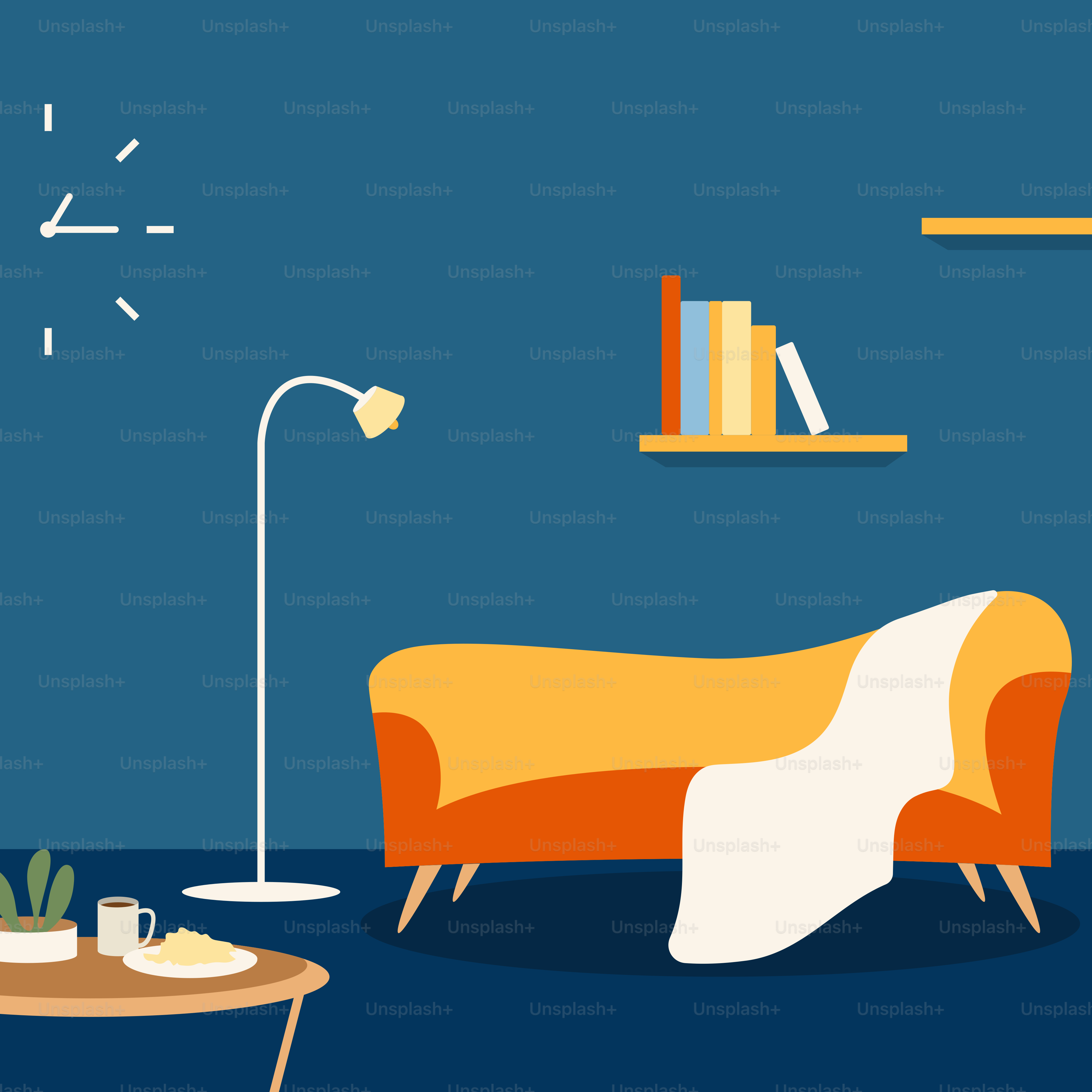 Ein Wohnzimmer voller Möbel und einer Uhr an der Wand