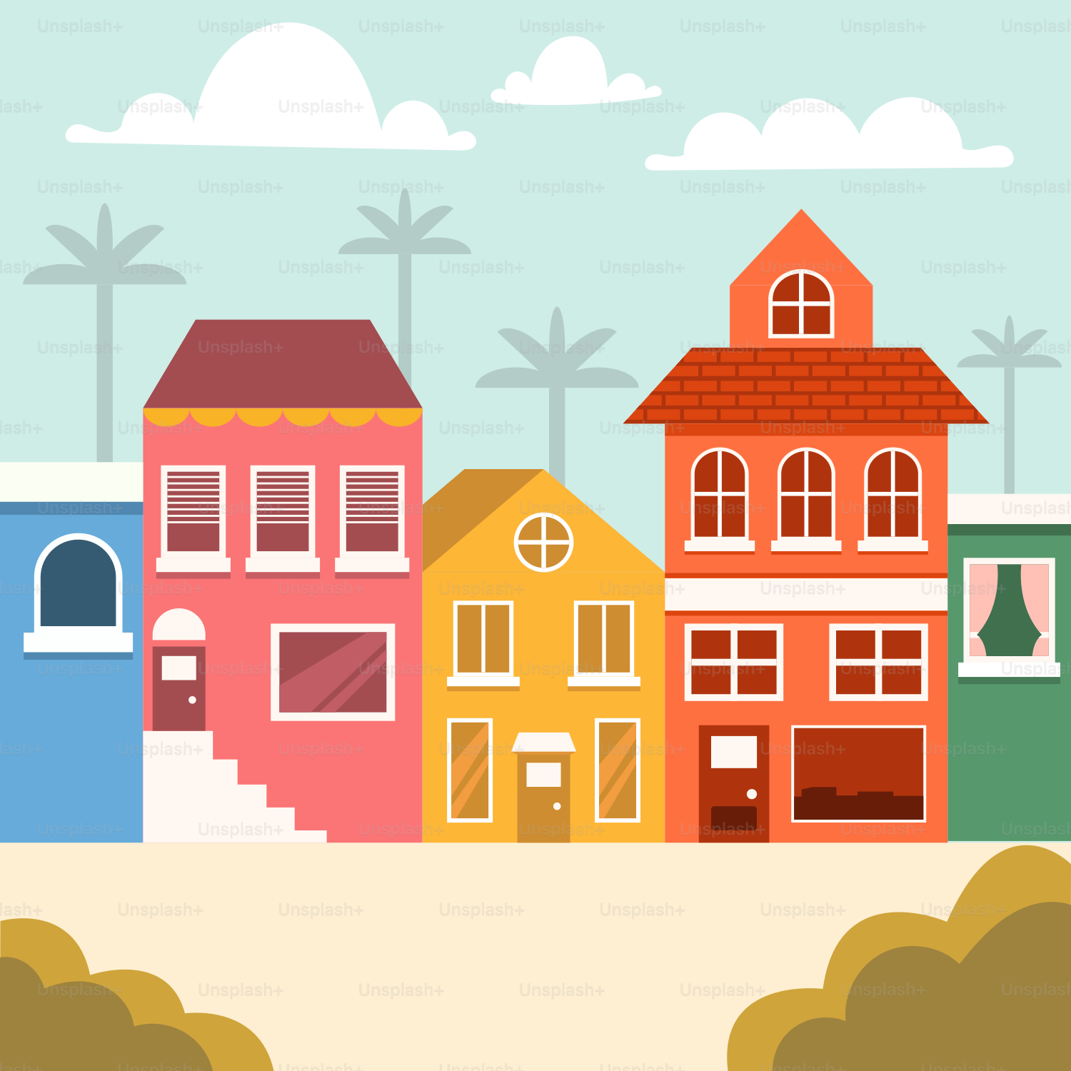 A row of colorful houses with trees in the background