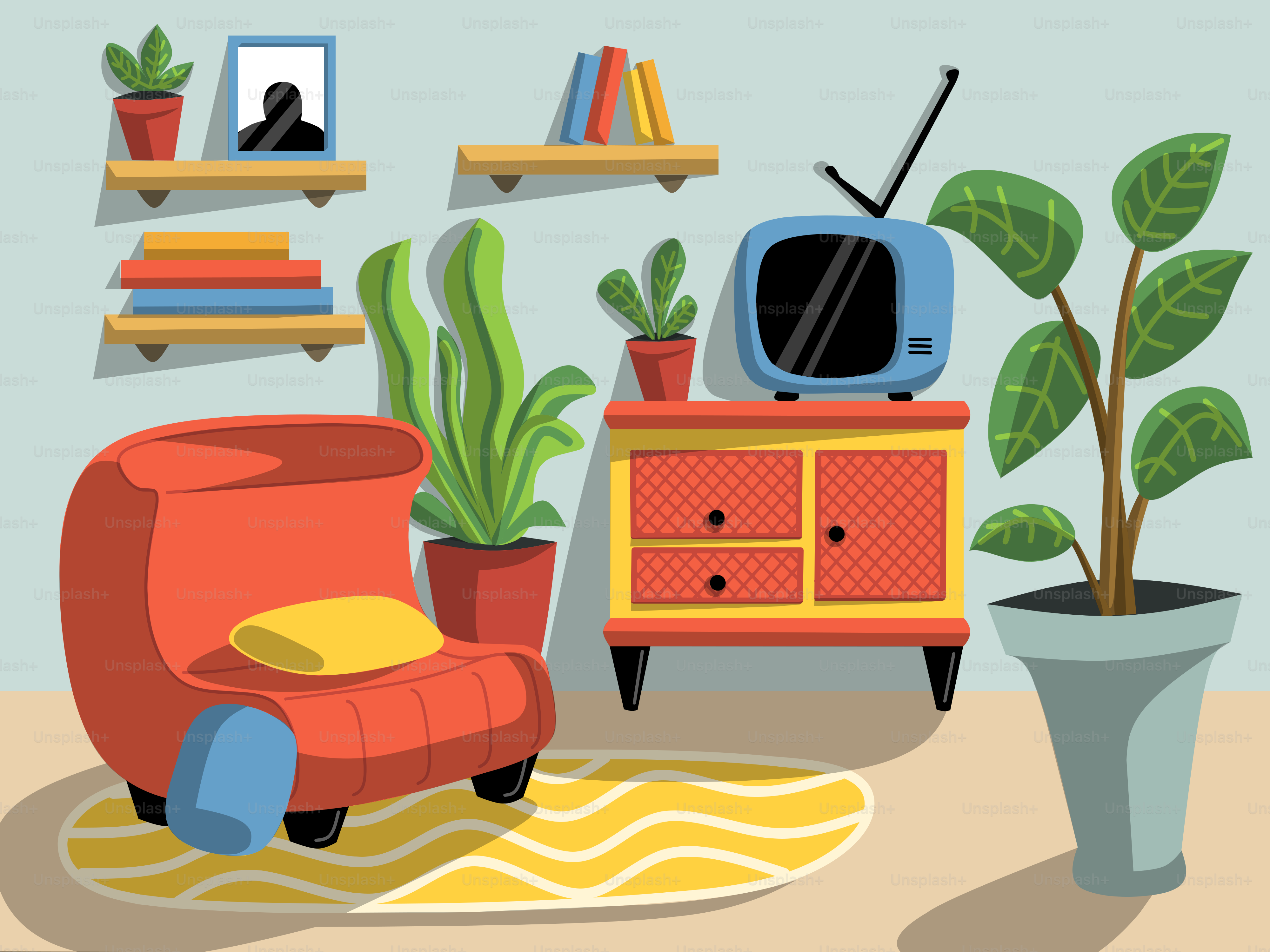 A living room with a red chair and a television