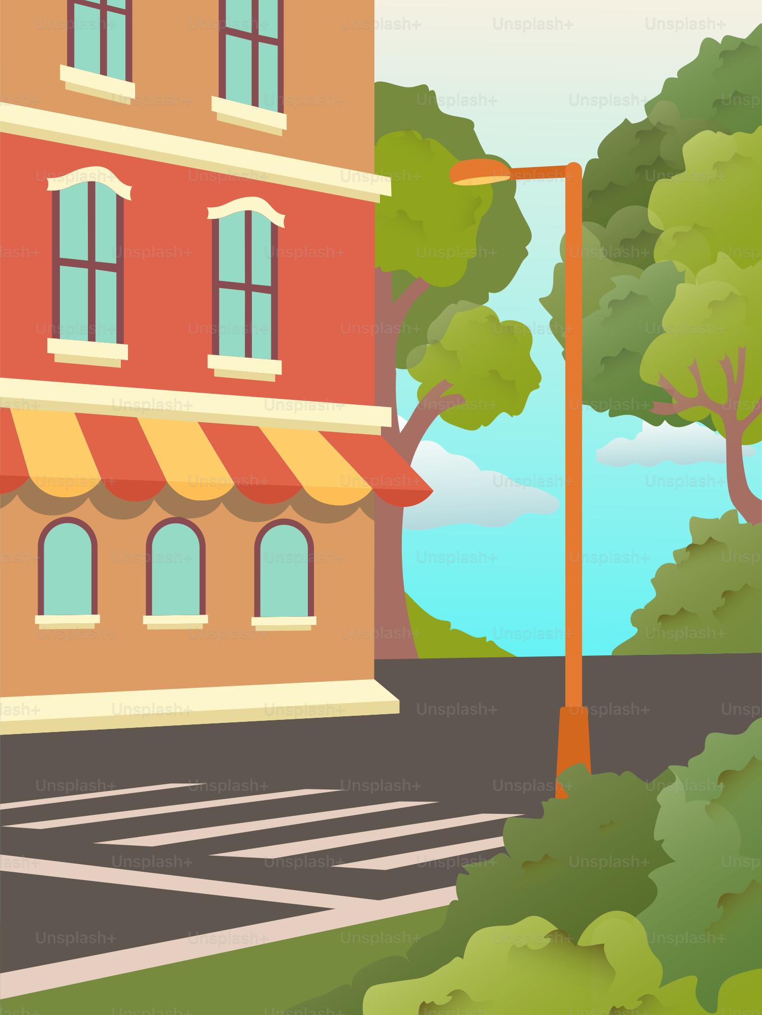 A street scene with a building and trees
