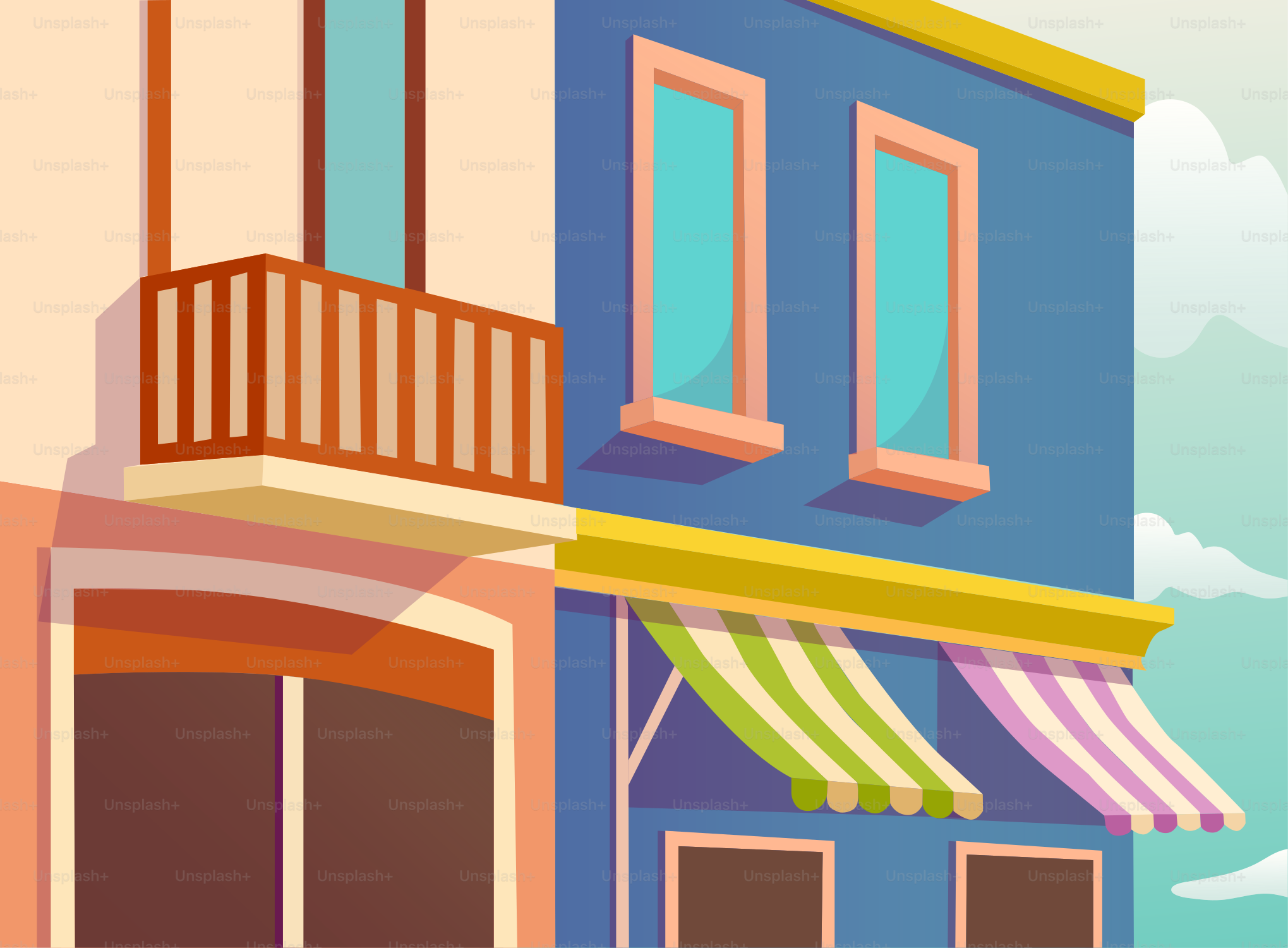 A cartoon of a building with a balcony and awnings