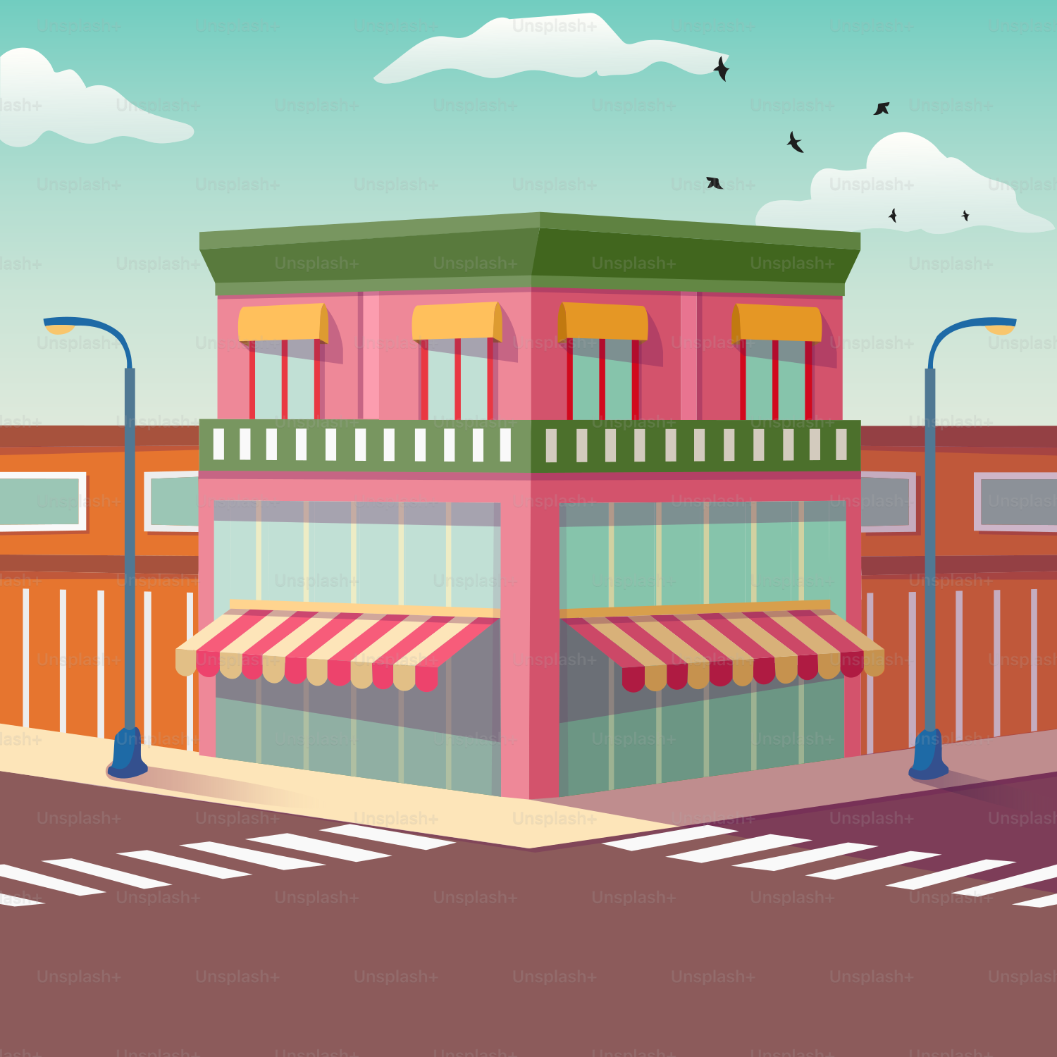 Un dessin animé d’un bâtiment rose avec des auvents