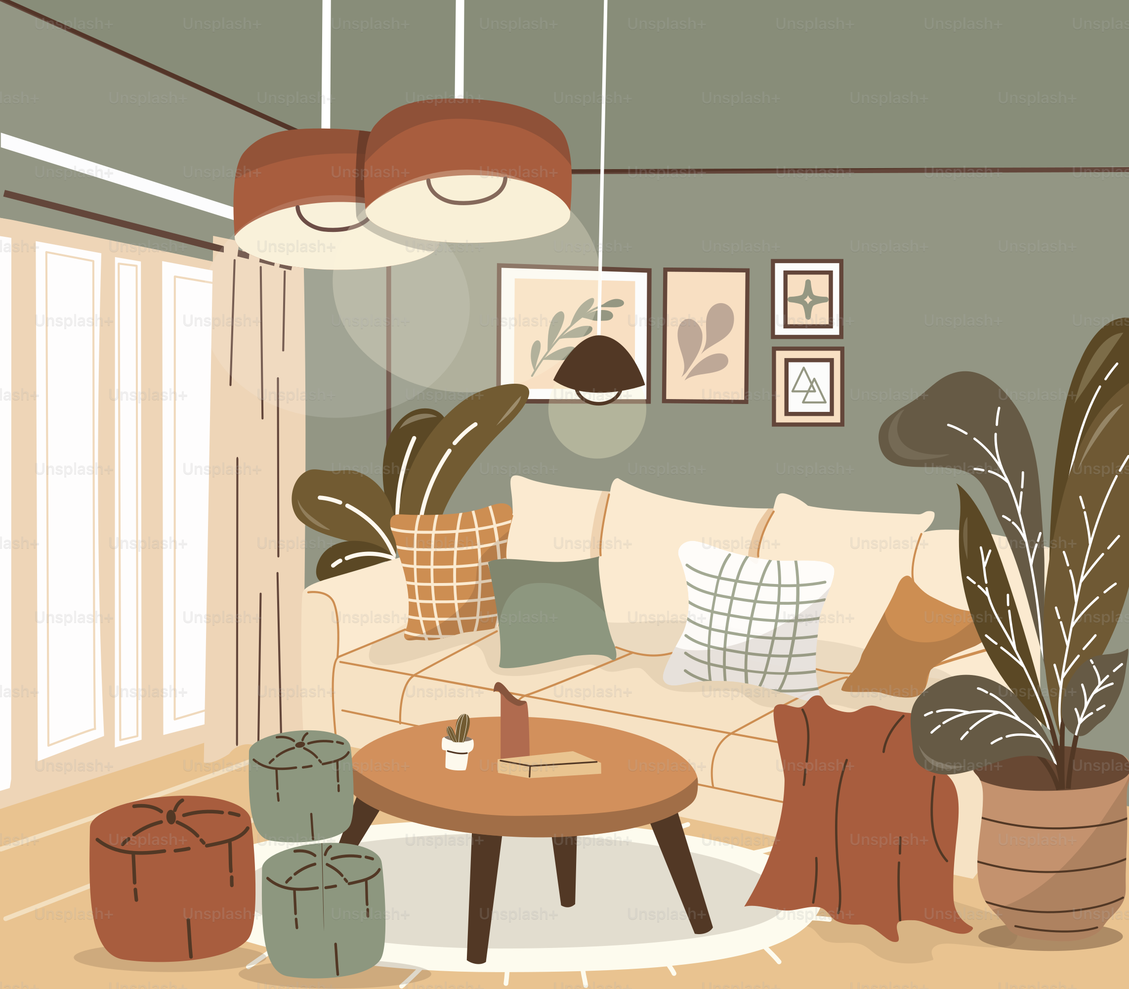 A living room filled with furniture and lots of plants