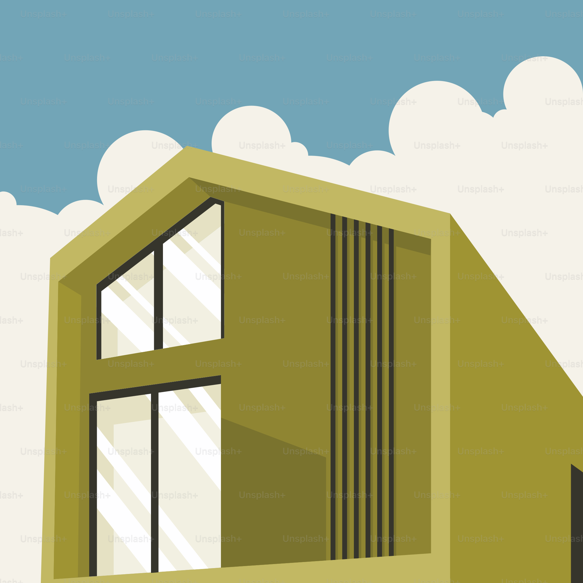 A green building with a sky background