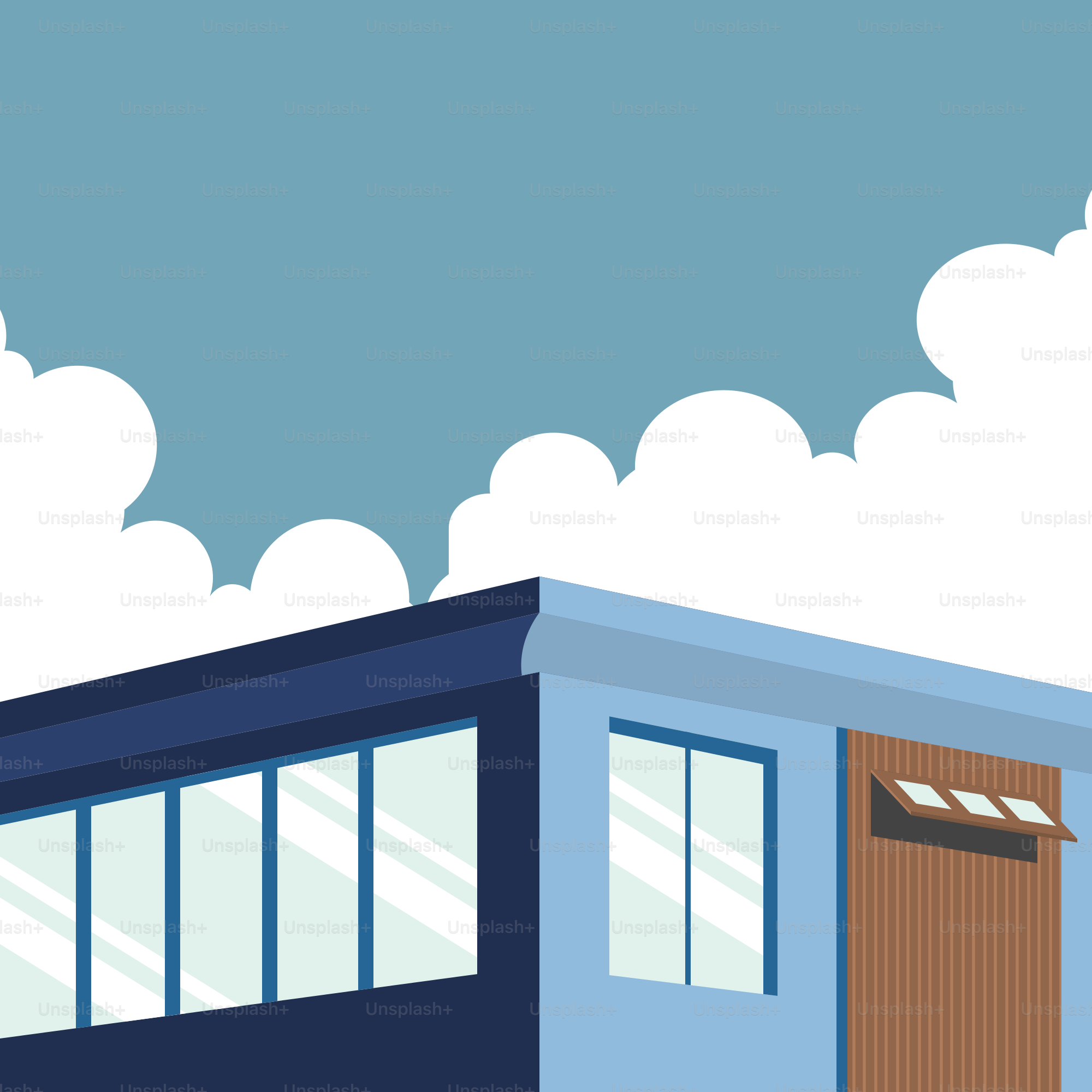 A blue building with a brown door under a cloudy sky