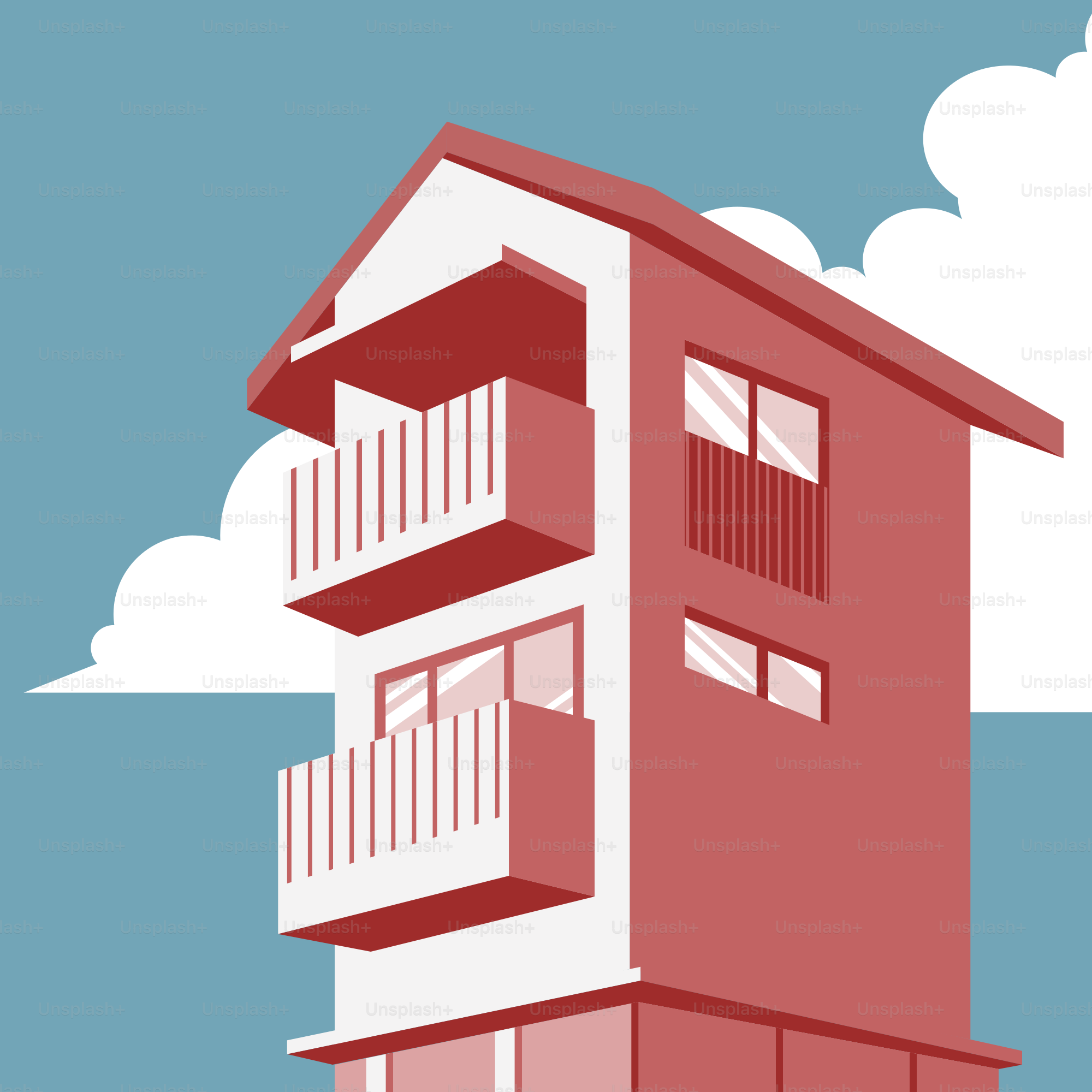 A red and white building with balconies and balconies