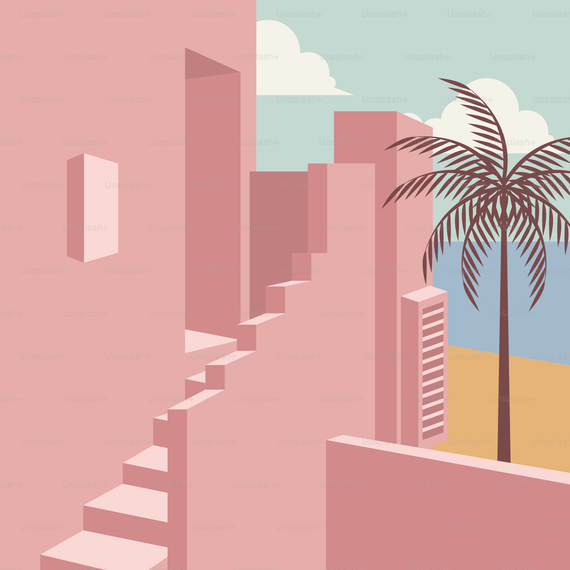 A painting of a palm tree in a pink city