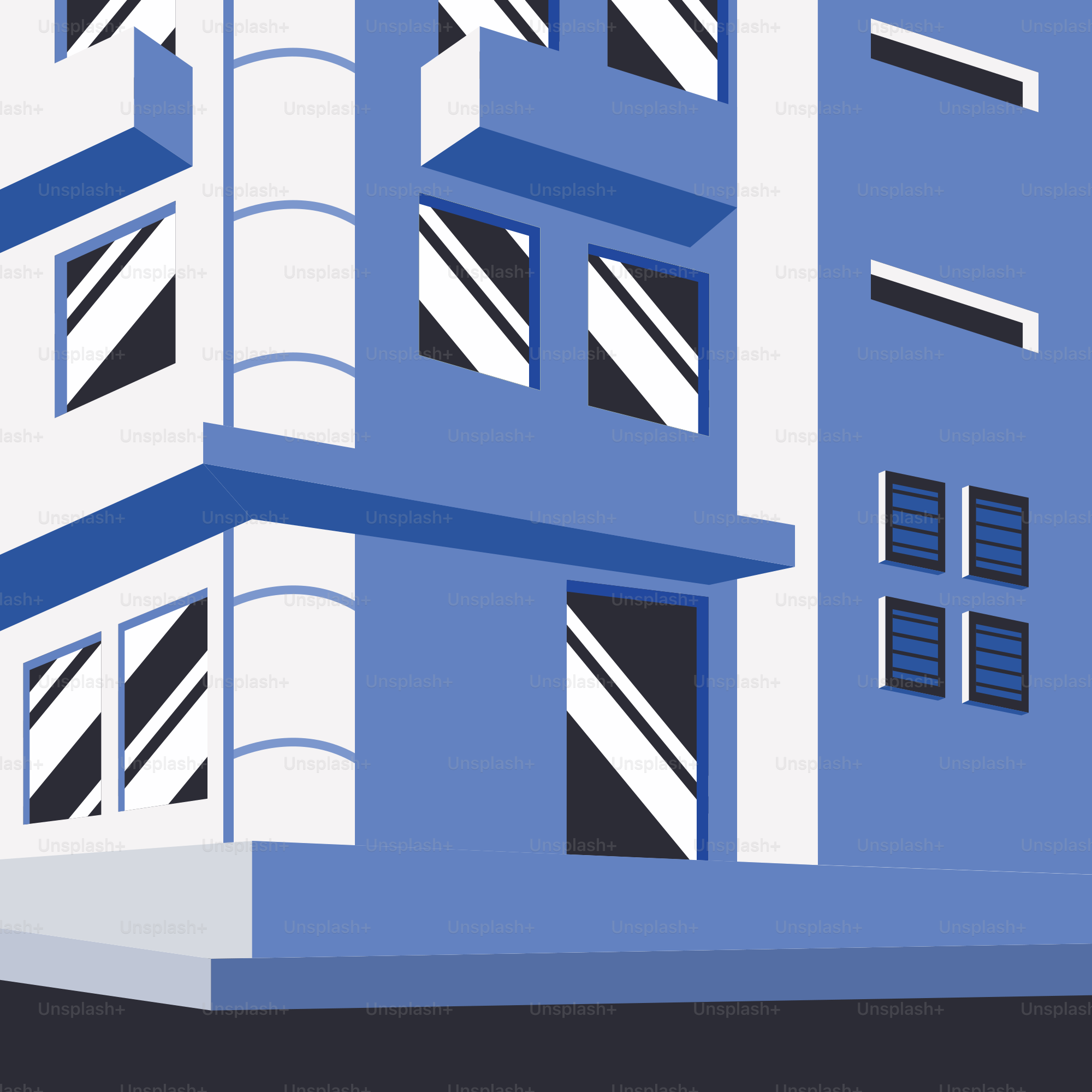 A blue and white building with a clock on it