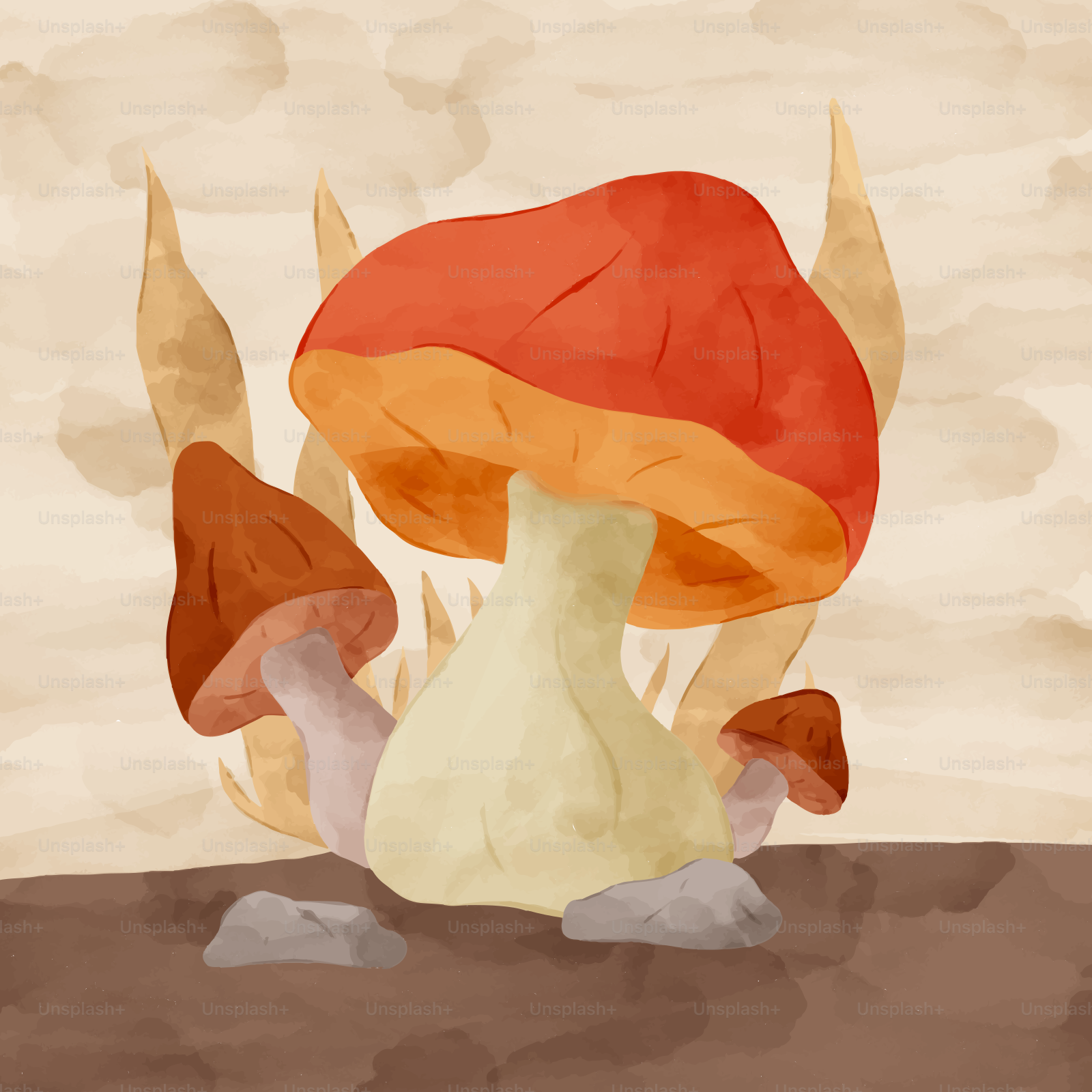 A painting of a mushroom sitting on the ground