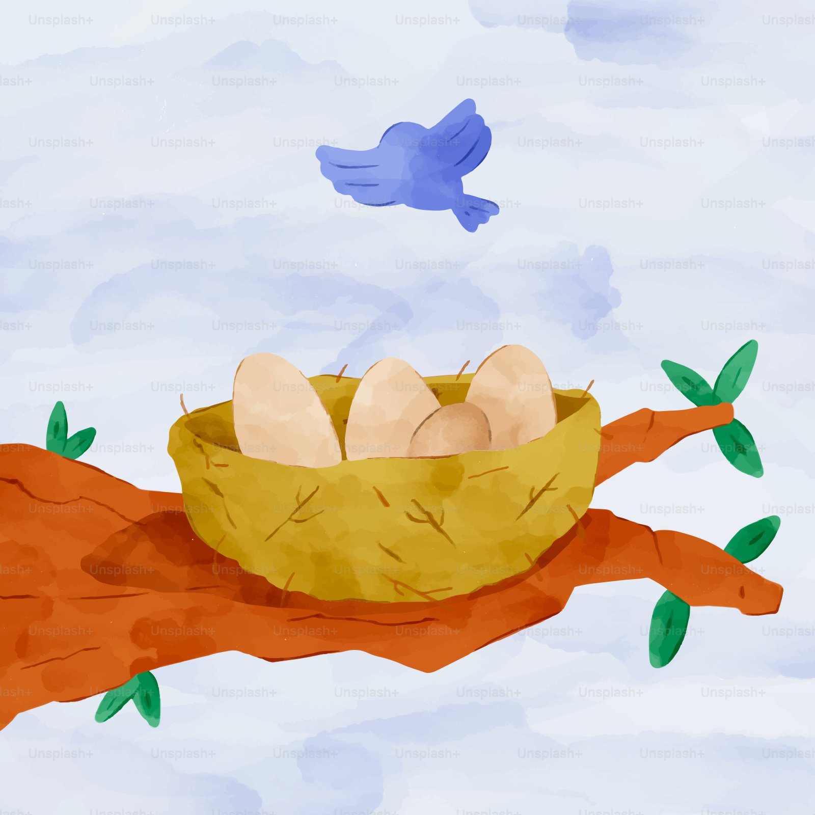 A bird flying over a nest on a tree branch