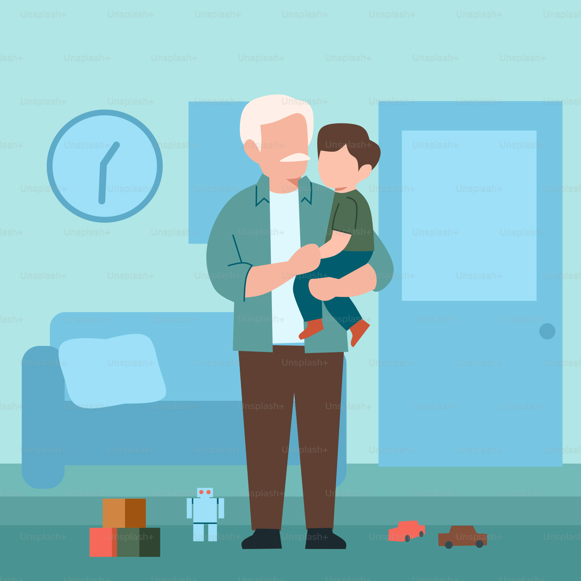 A man holding a child in a living room