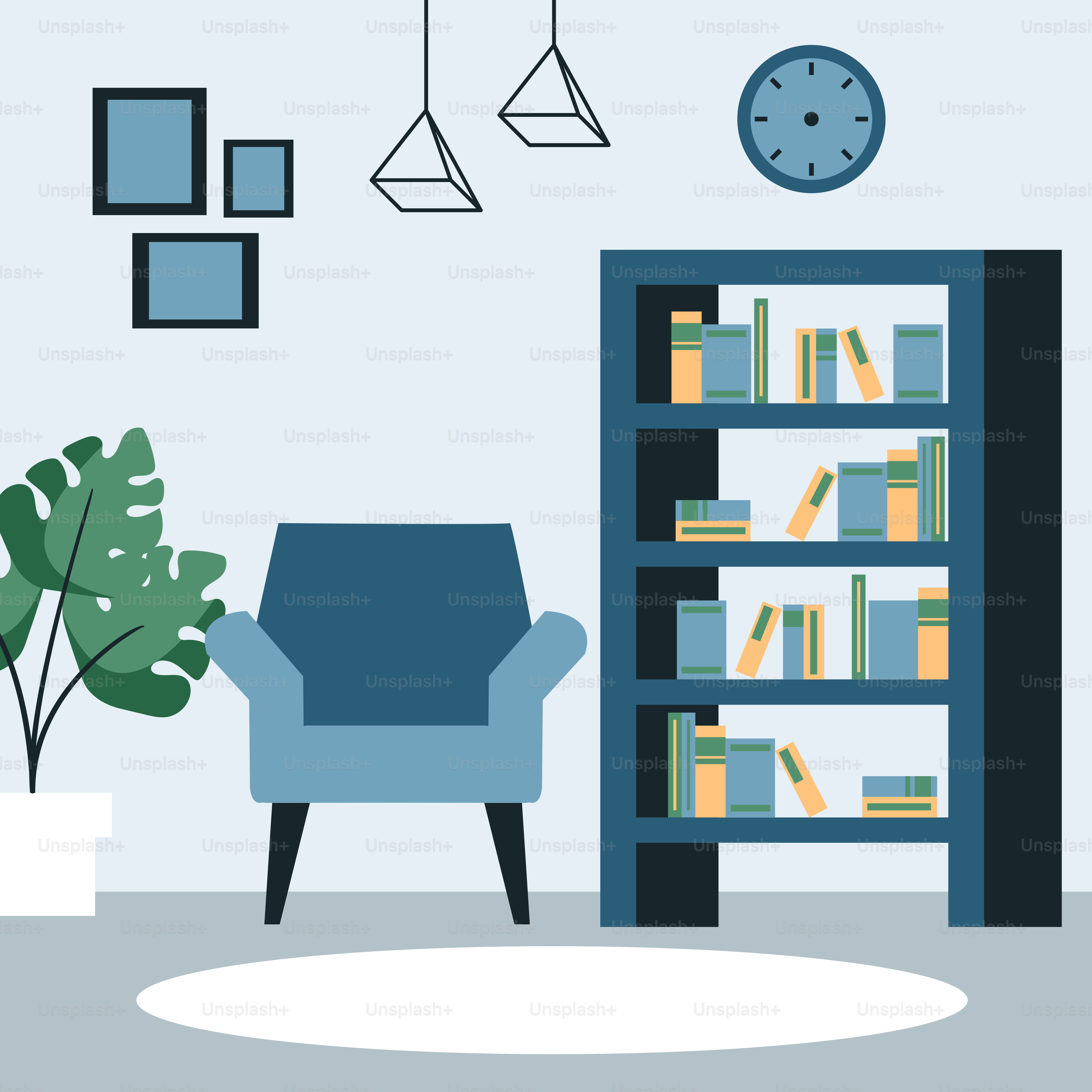 Ein Wohnzimmer voller Möbel und einer Uhr