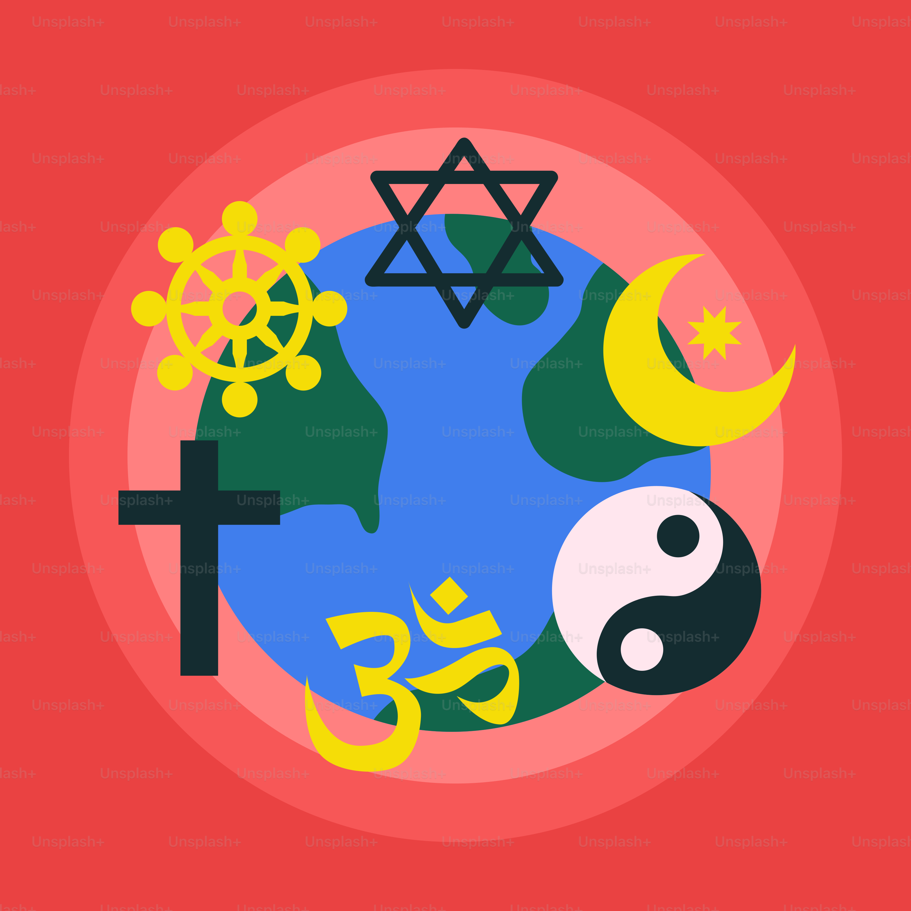 A picture of the earth with a cross, moon, and other religious symbols