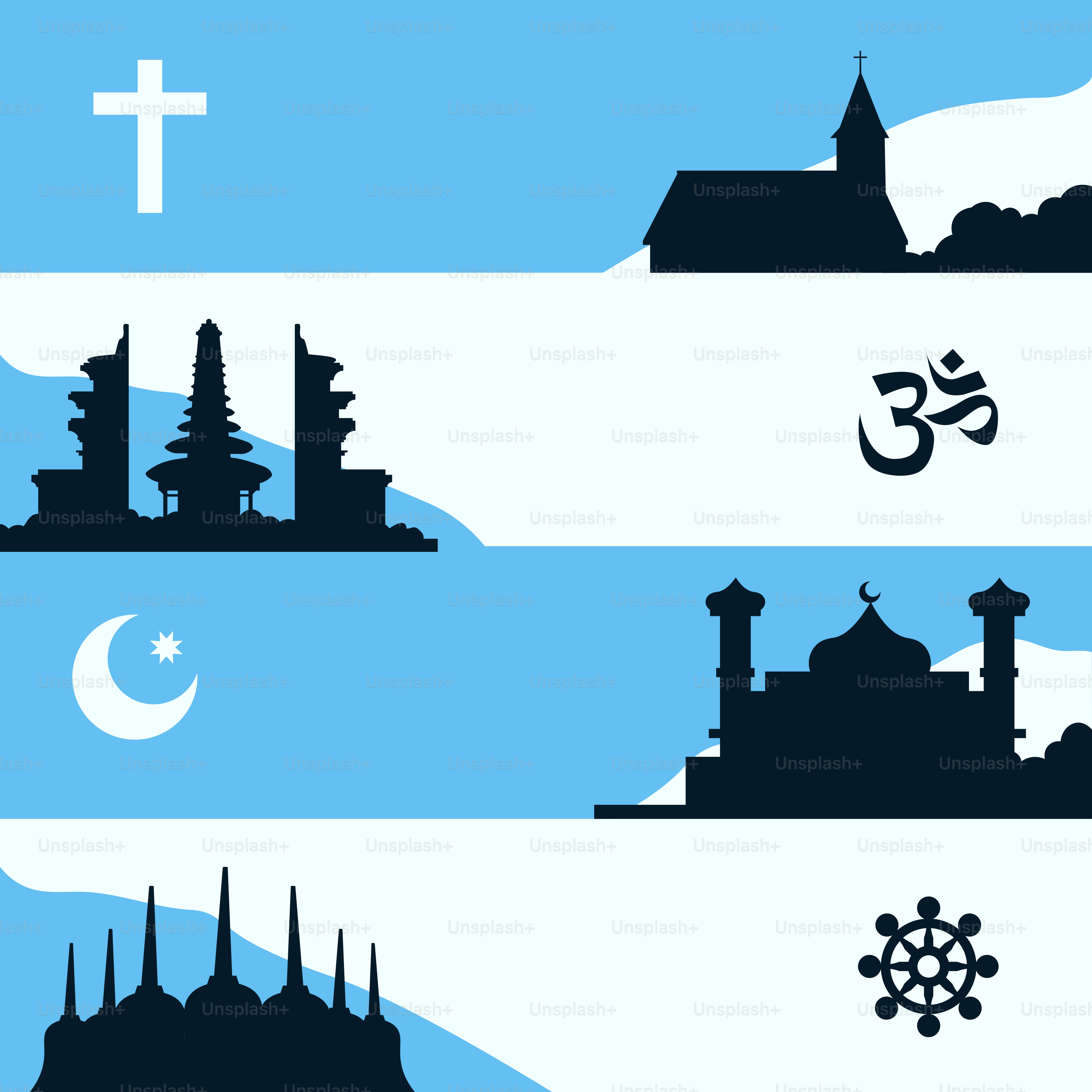 A blue and white background with black silhouettes of buildings