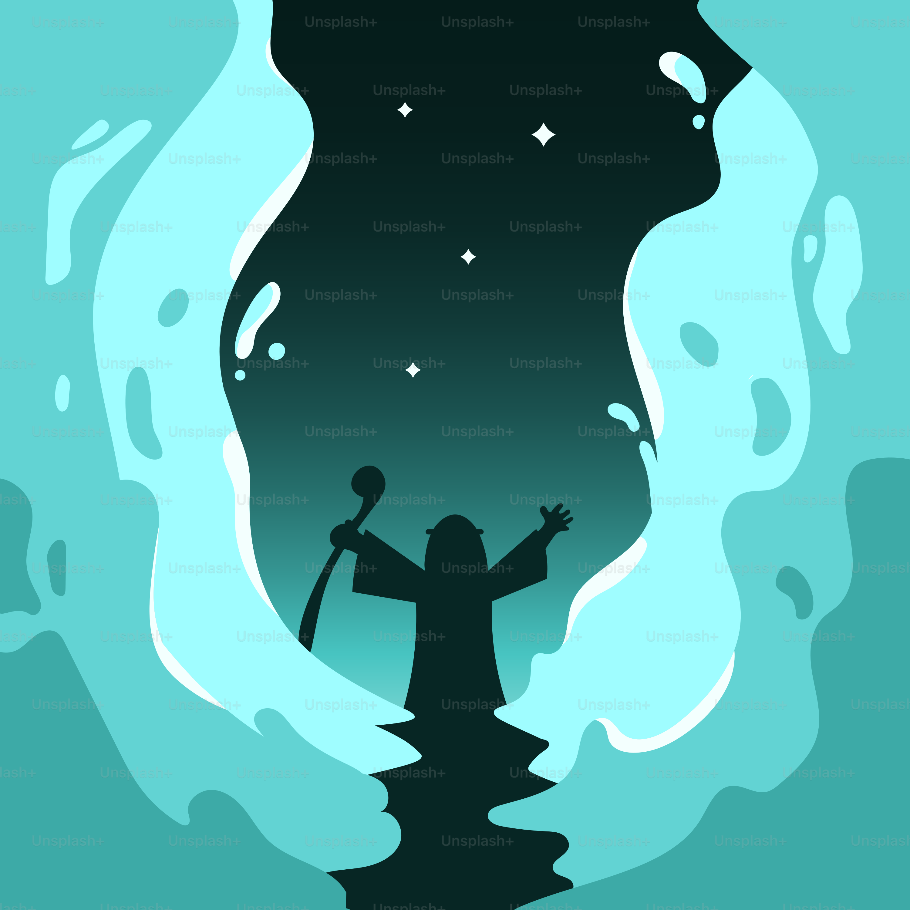 A silhouette of a person standing in the water