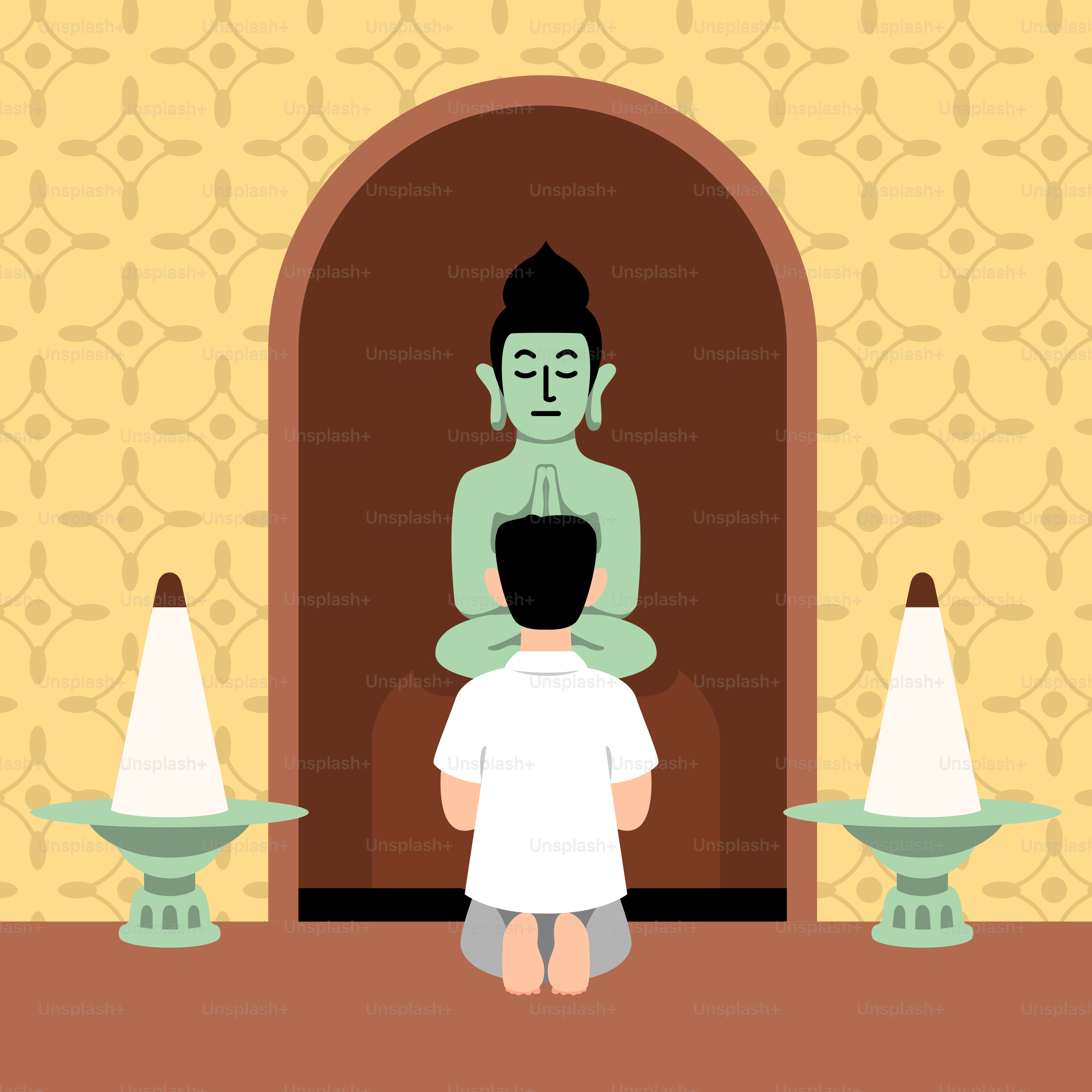Eine Person, die auf einem Stuhl sitzt, mit einer Buddha-Statue im Hintergrund